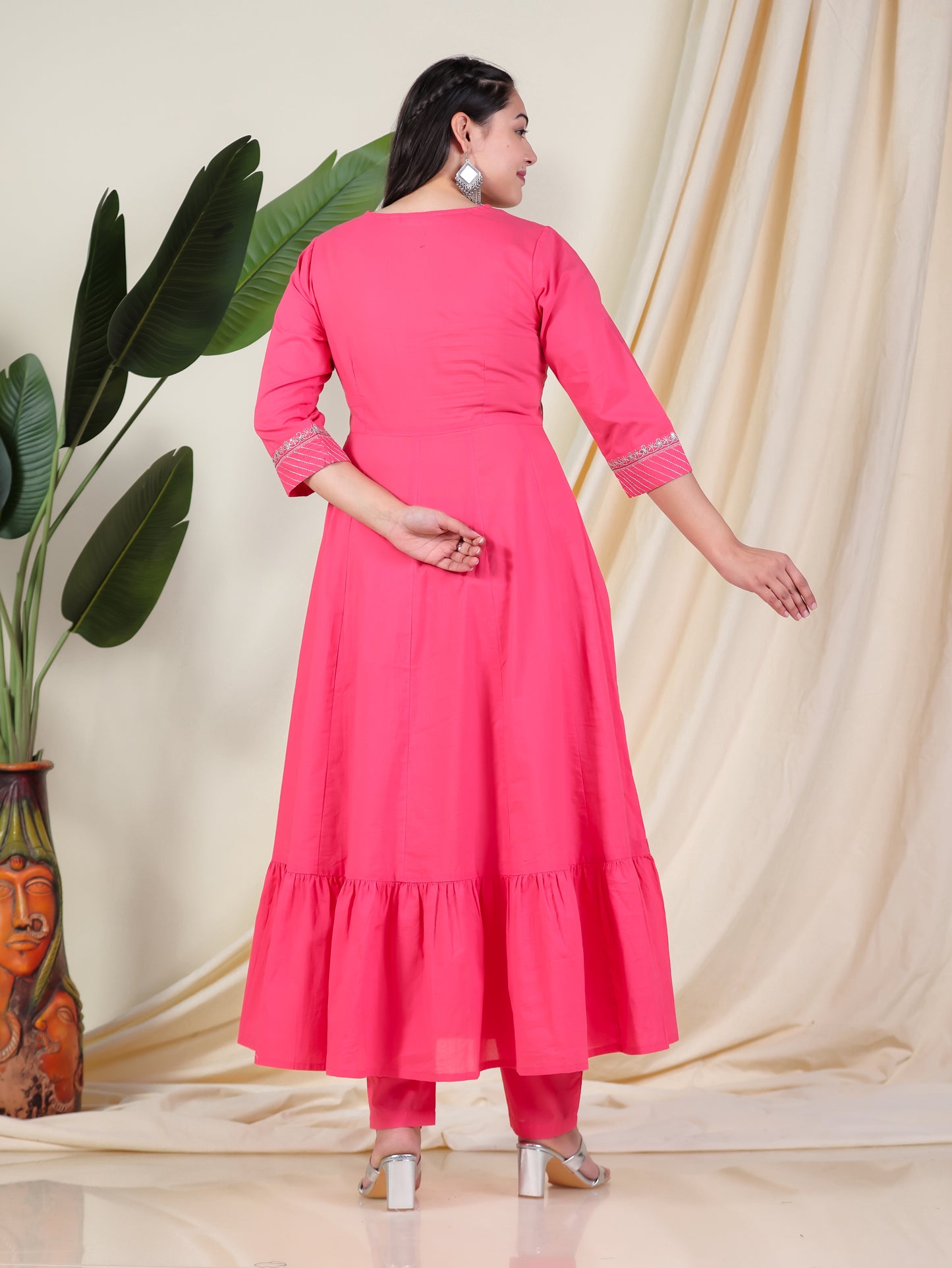 Embroidered Soft Cotton Solid Anarkali Pink Kurta