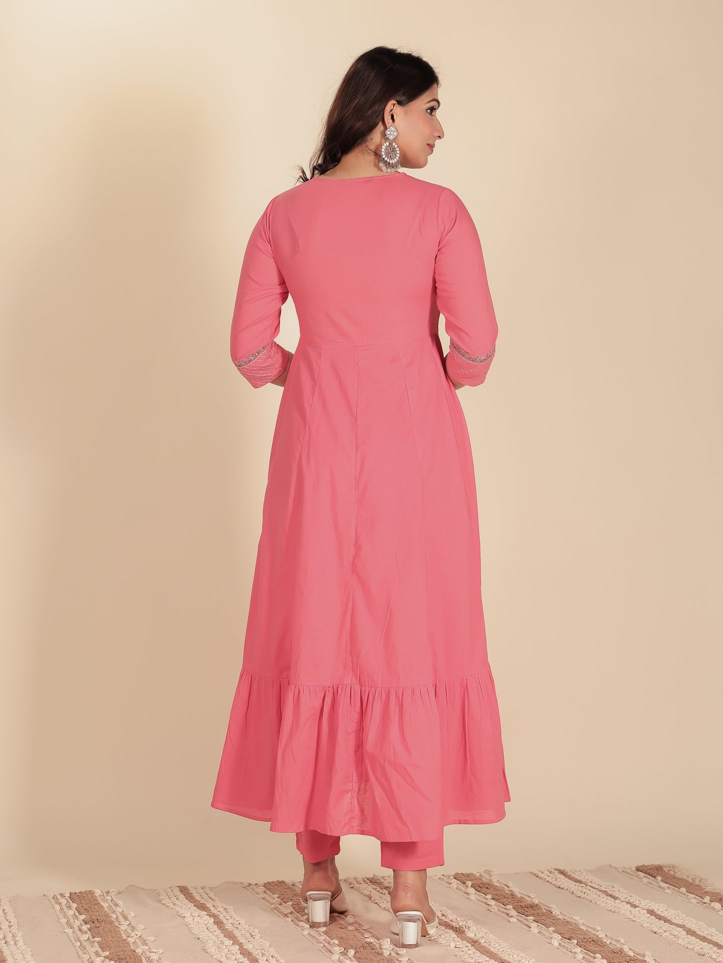 Embroidered Soft Cotton Solid Anarkali Pink Kurta
