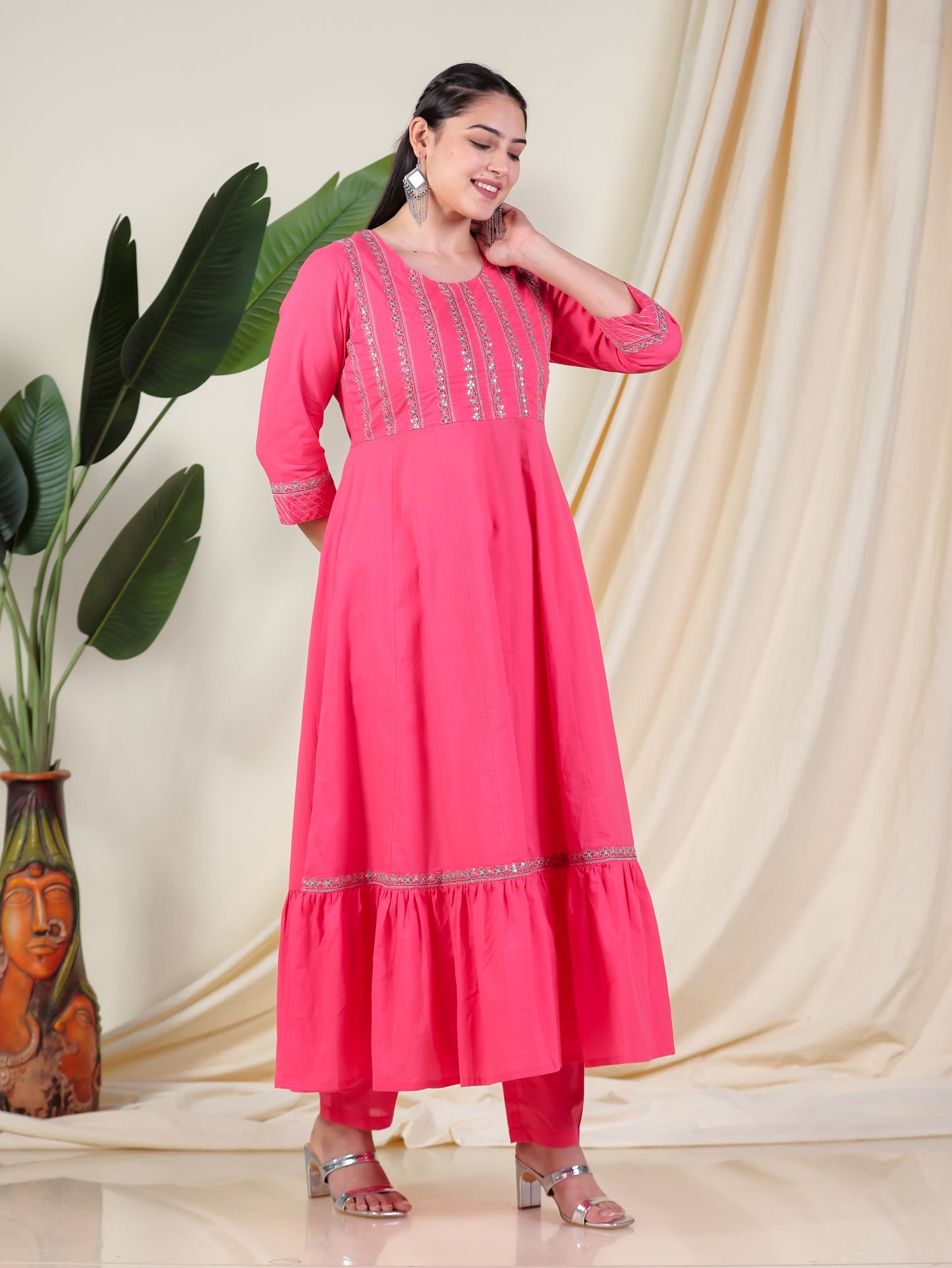 Embroidered Soft Cotton Solid Anarkali Pink Kurta