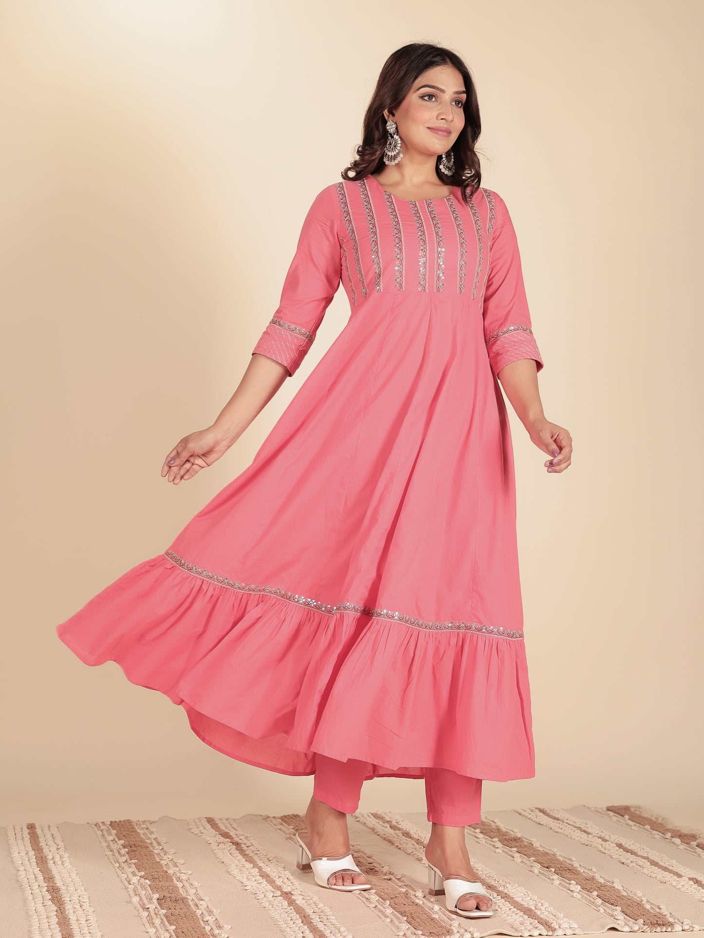 Embroidered Soft Cotton Solid Anarkali Pink Kurta