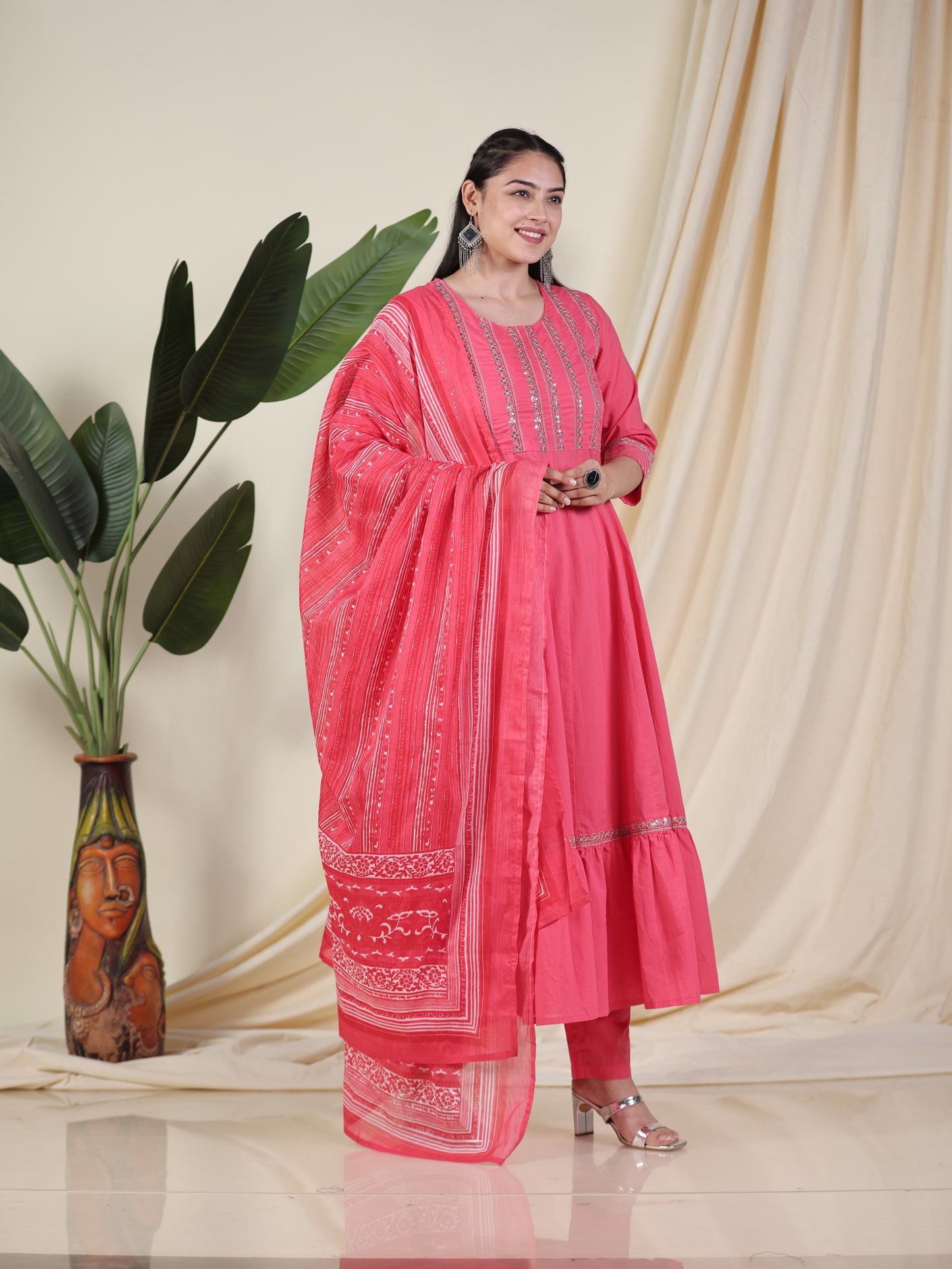 Embroidered Soft Cotton Solid Anarkali Pink Kurta