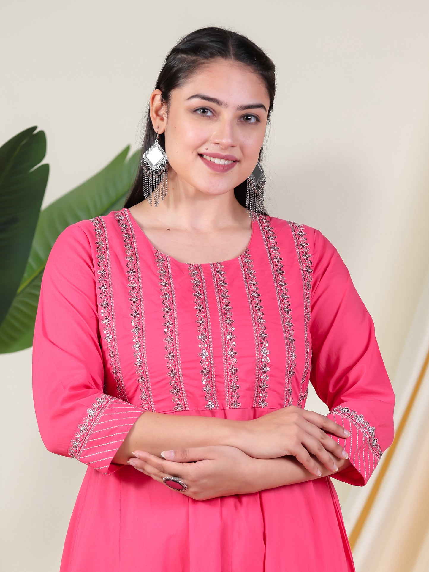 Embroidered Soft Cotton Solid Anarkali Pink Kurta