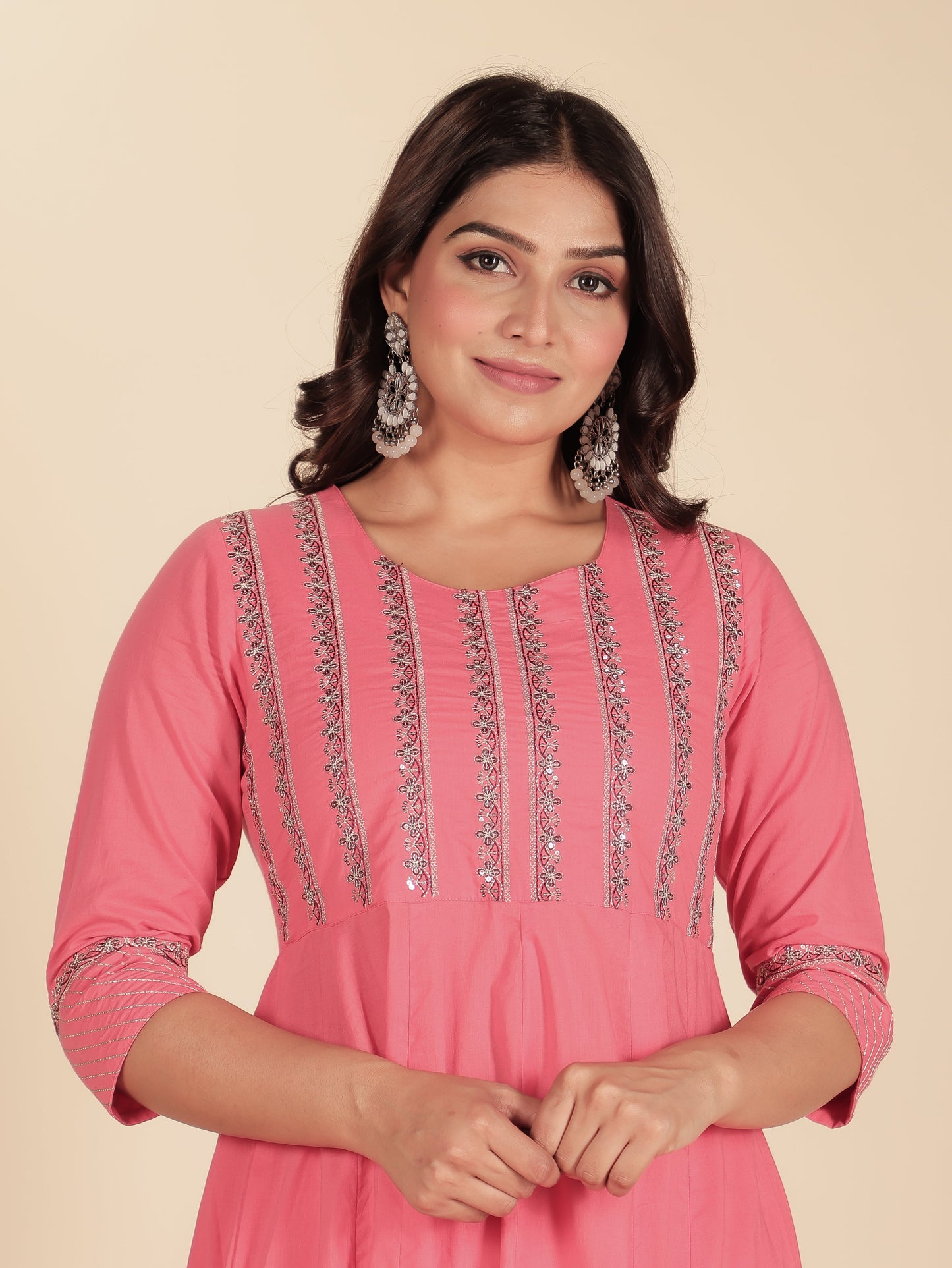 Embroidered Soft Cotton Solid Anarkali Pink Kurta