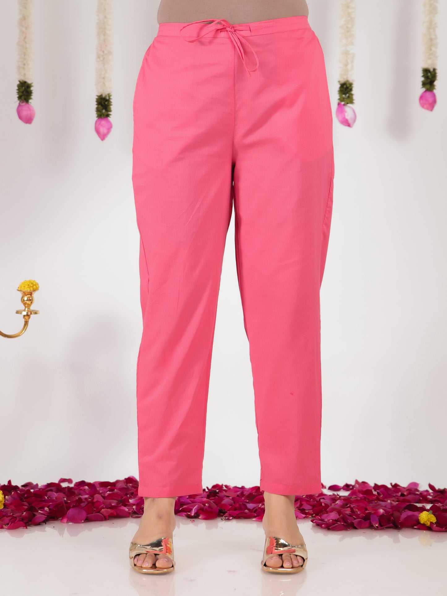 Soft Cotton Solid Pink Tapered Trousers