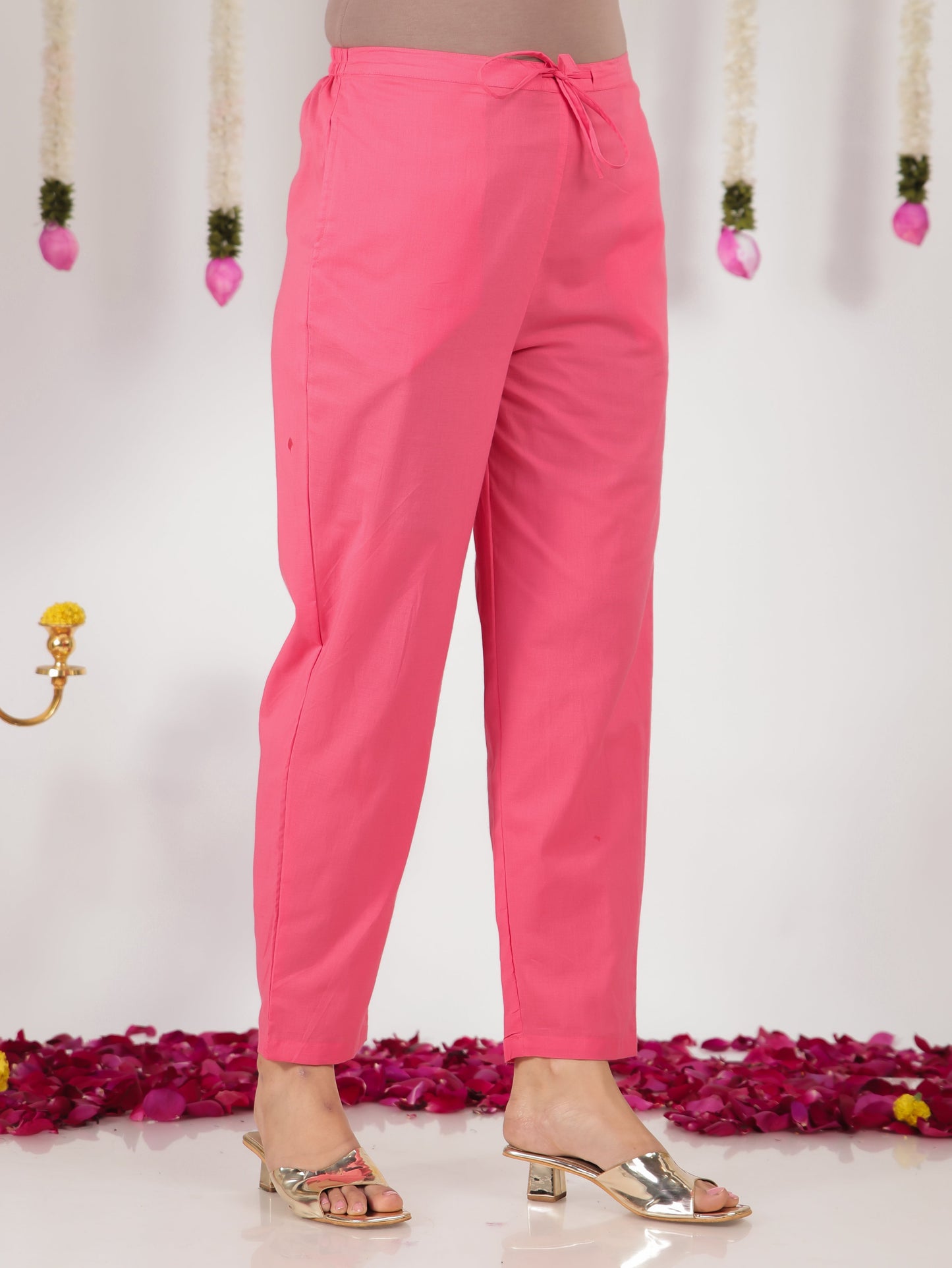 Soft Cotton Solid Pink Tapered Trousers