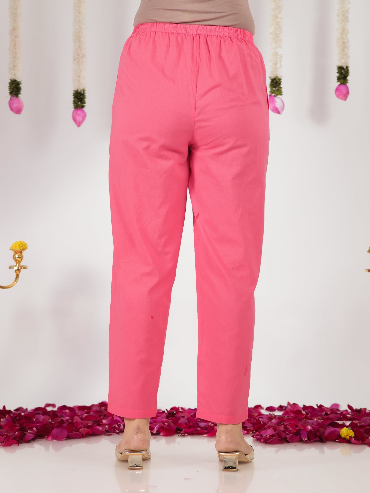 Soft Cotton Solid Pink Tapered Trousers