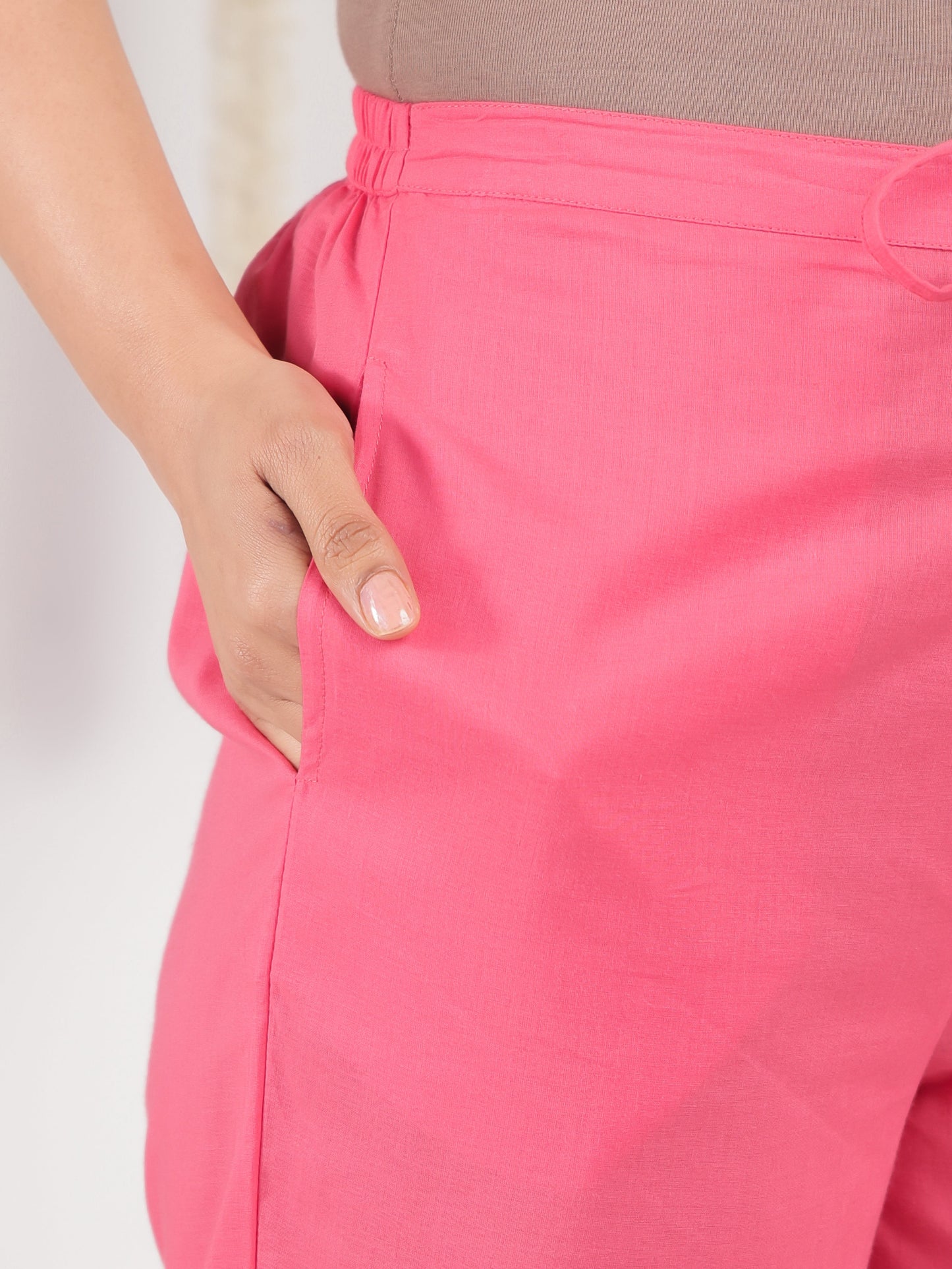 Soft Cotton Solid Pink Tapered Trousers
