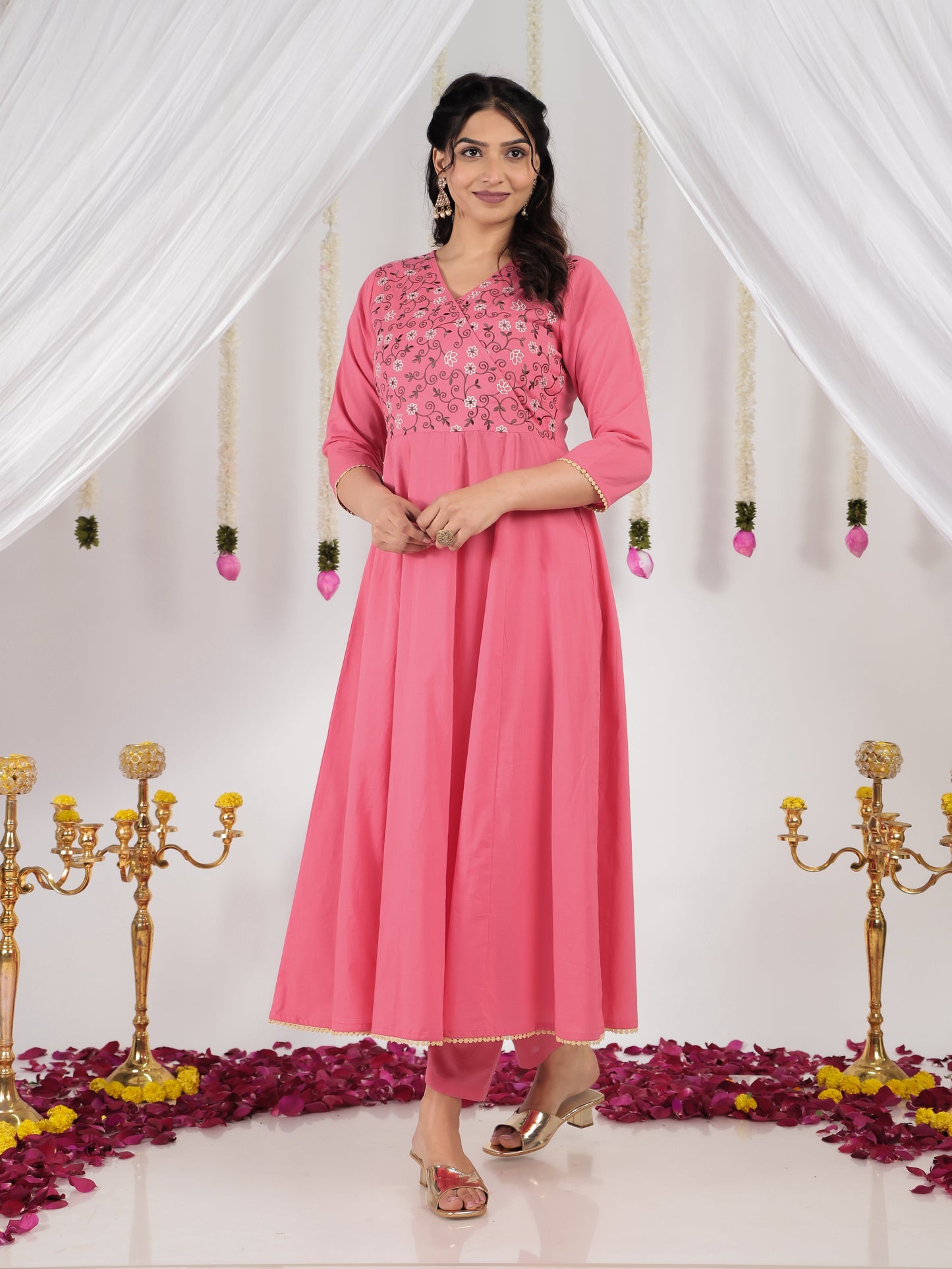 Embroidered Soft Cotton Solid Angrakha Pink Kurta