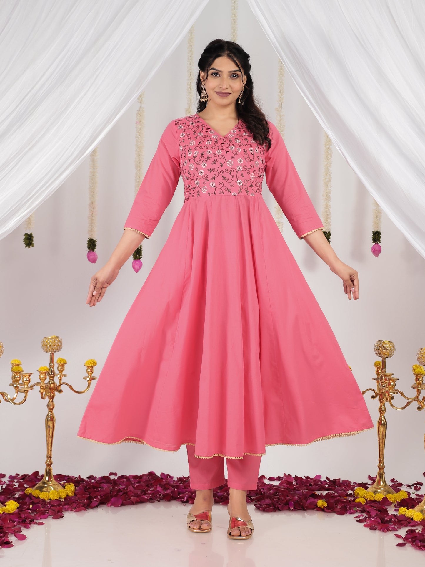 Embroidered Soft Cotton Solid Angrakha Pink Kurta