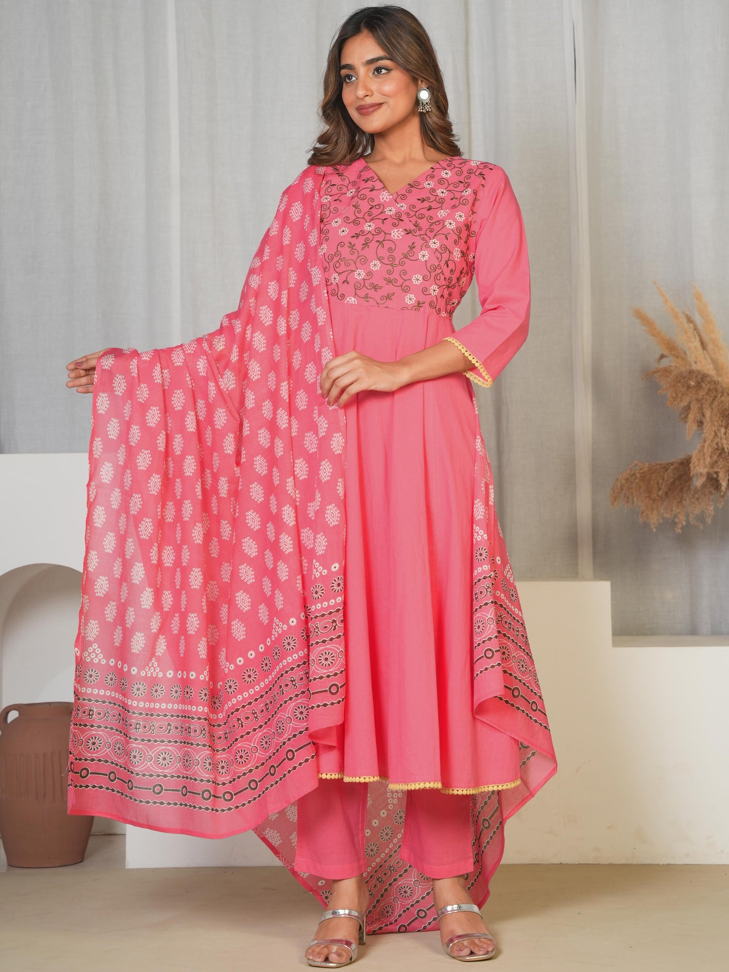 Embroidered Soft Cotton Solid Angrakha Pink Kurta