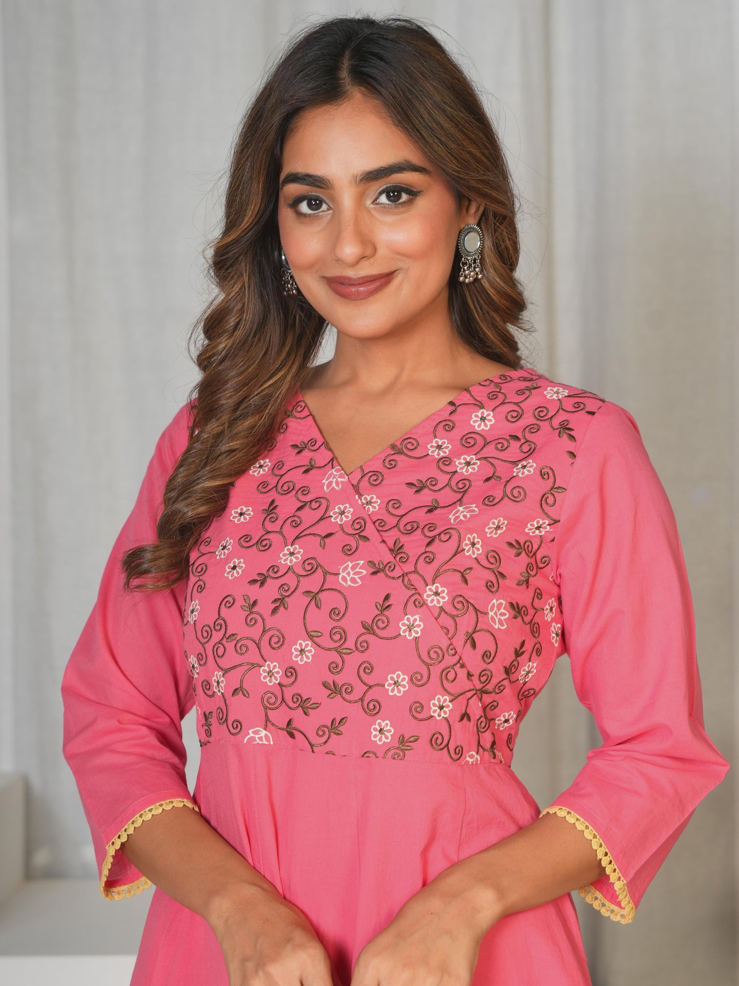 Embroidered Soft Cotton Solid Angrakha Pink Kurta