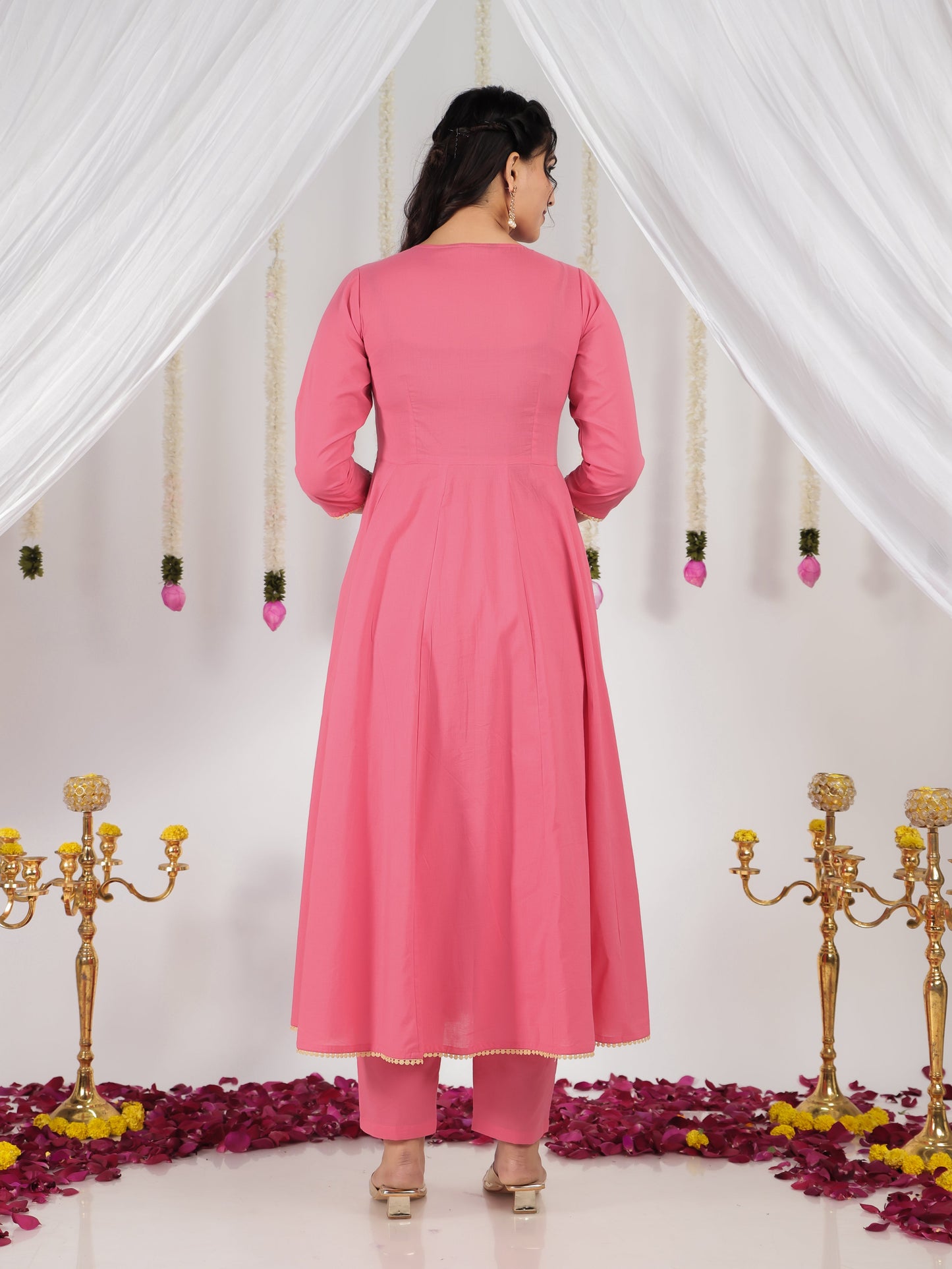 Embroidered Soft Cotton Solid Angrakha Pink Kurta