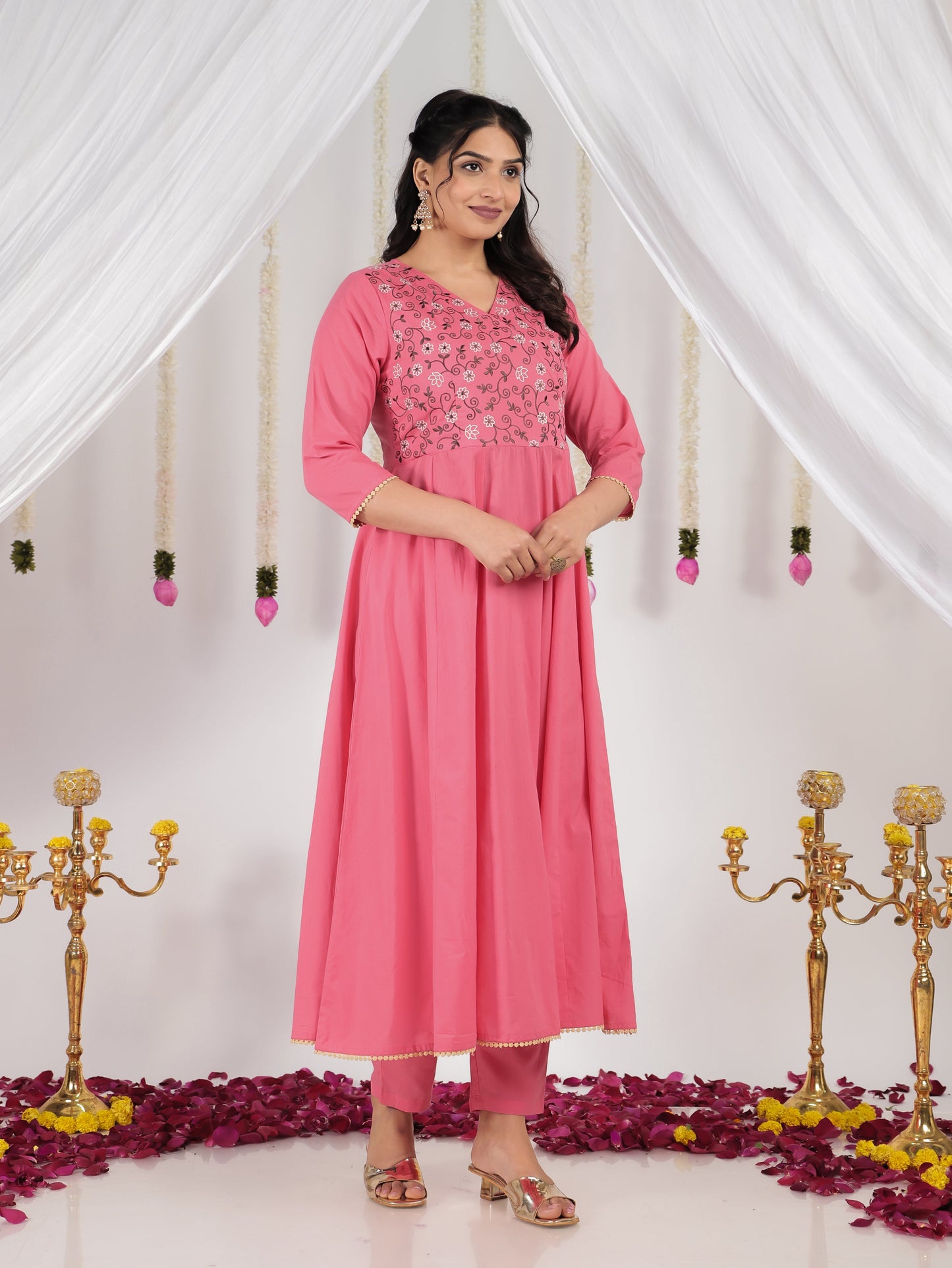 Embroidered Soft Cotton Solid Angrakha Pink Kurta