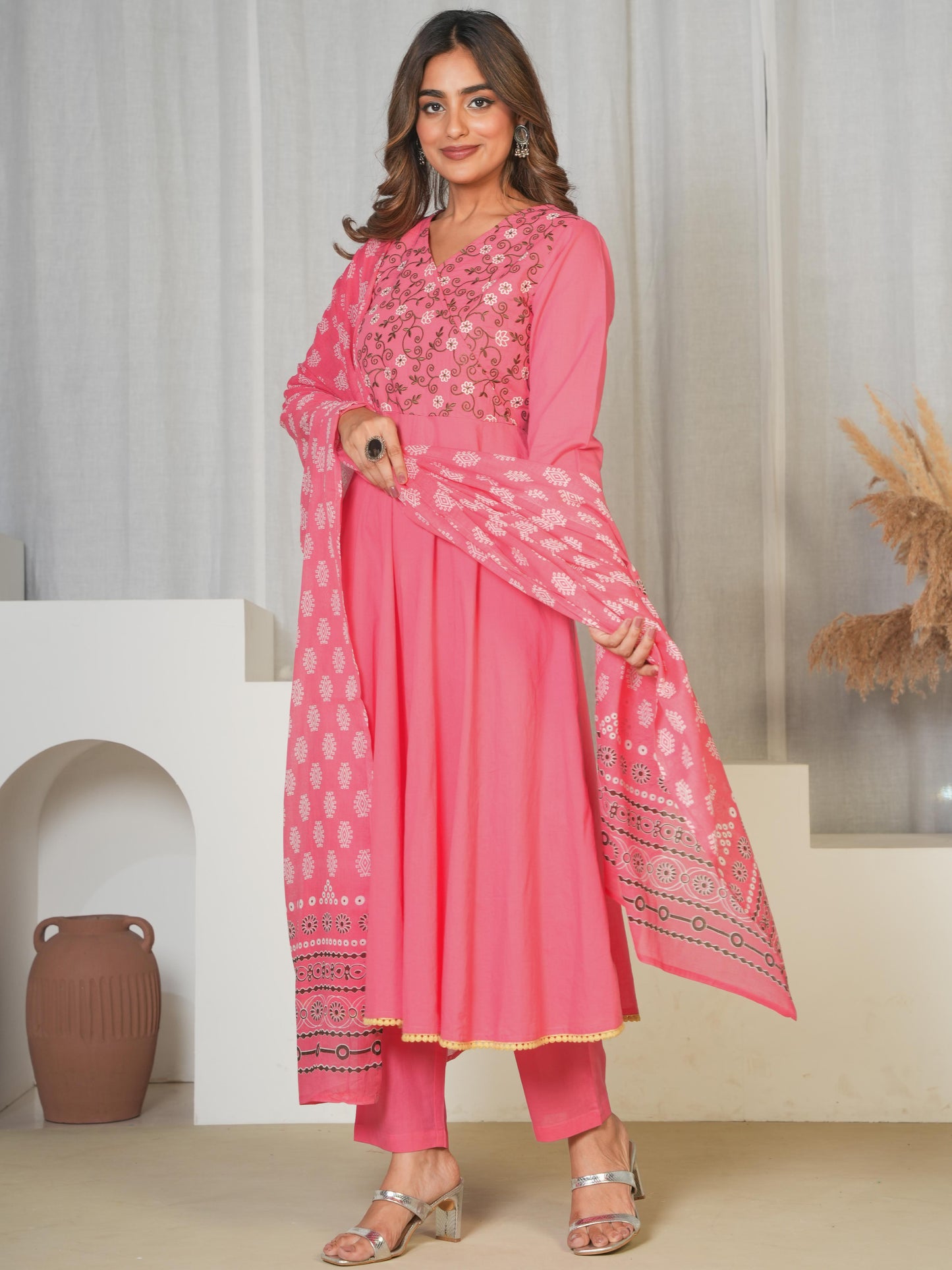 Embroidered Soft Cotton Solid Angrakha Pink Kurta