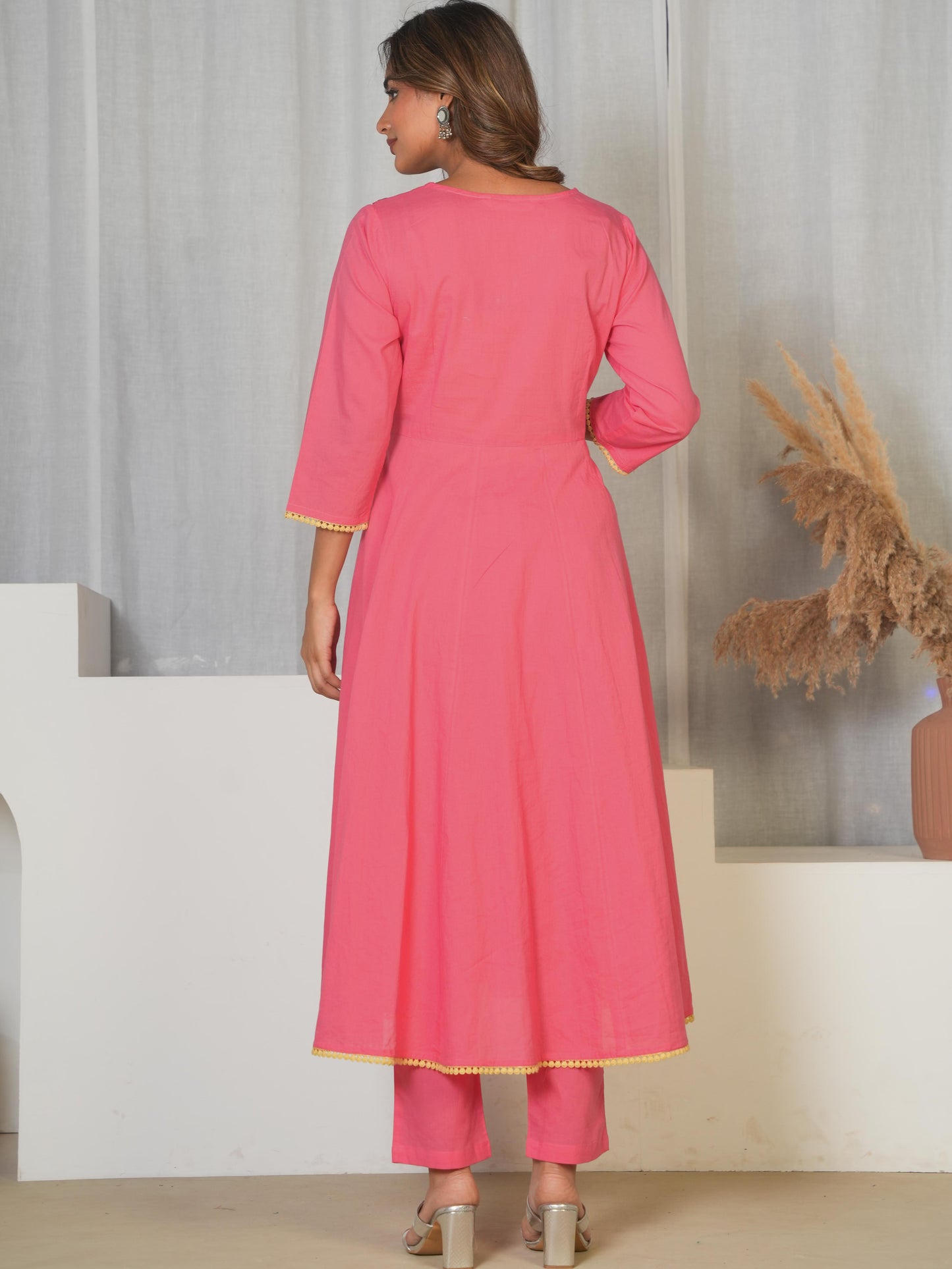 Embroidered Soft Cotton Solid Angrakha Pink Kurta