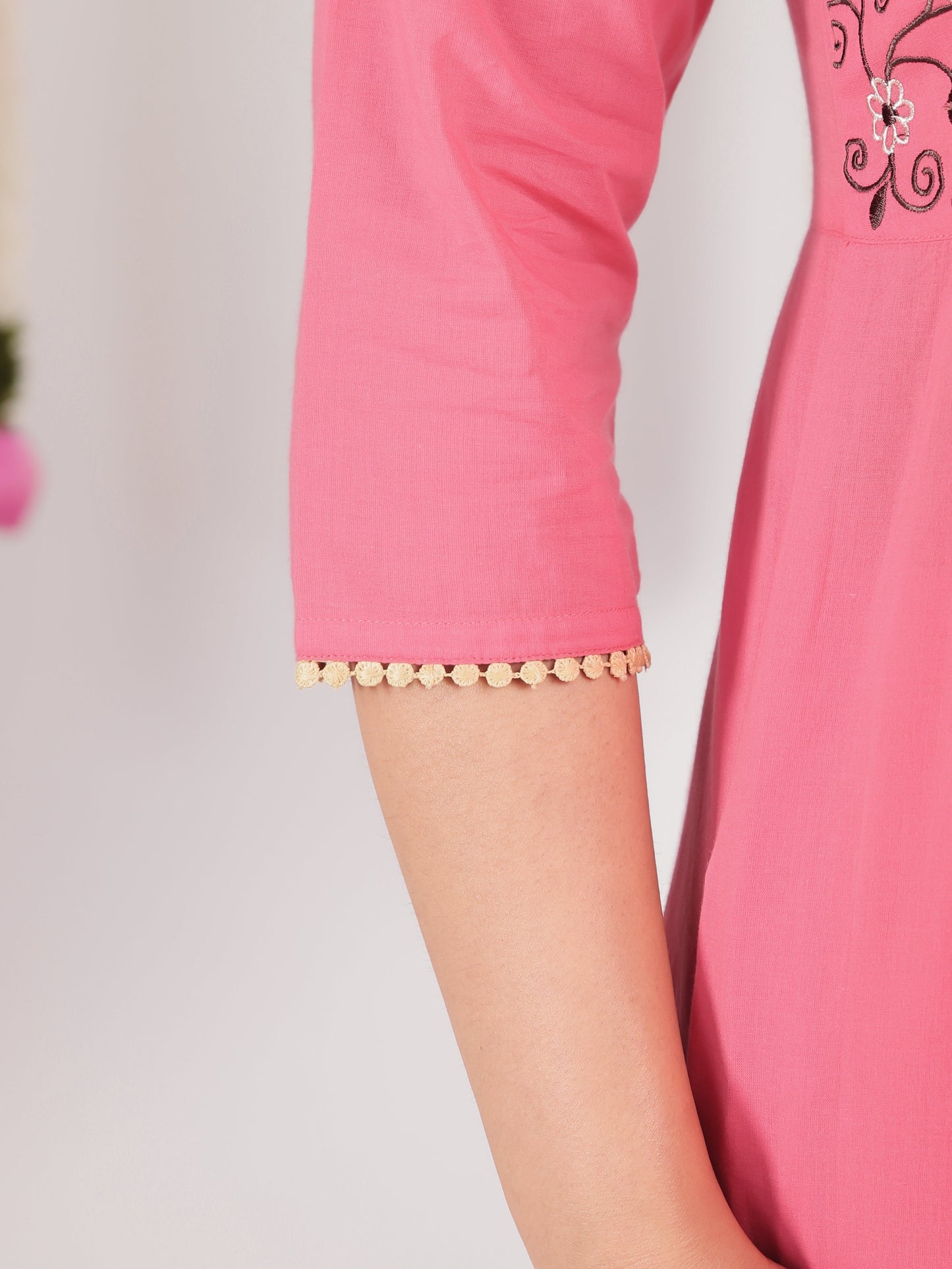 Embroidered Soft Cotton Solid Angrakha Pink Kurta