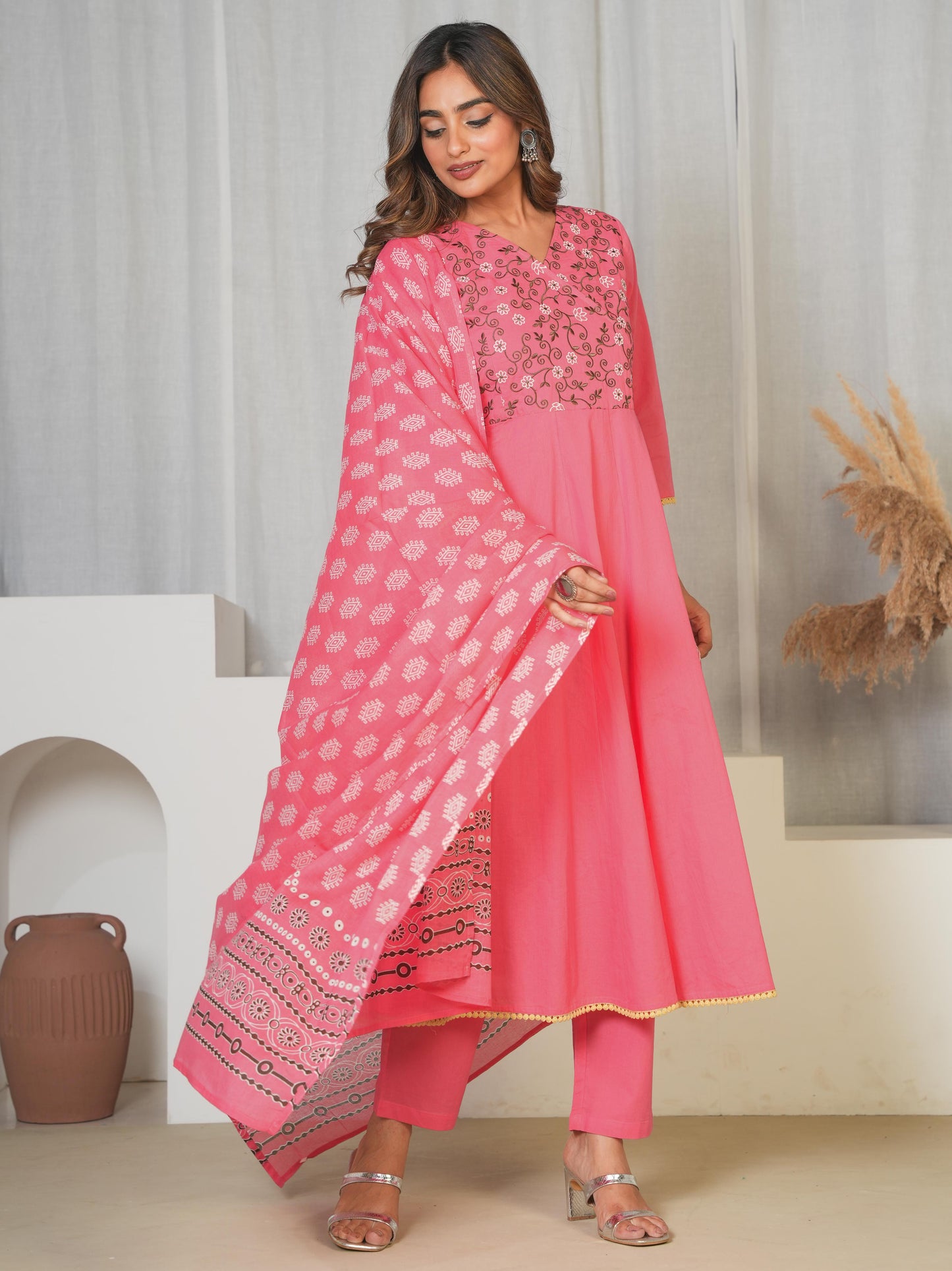 Embroidered Soft Cotton Solid Angrakha Pink Kurta
