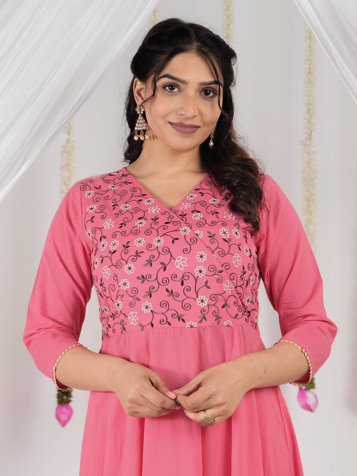Embroidered Soft Cotton Solid Angrakha Pink Kurta