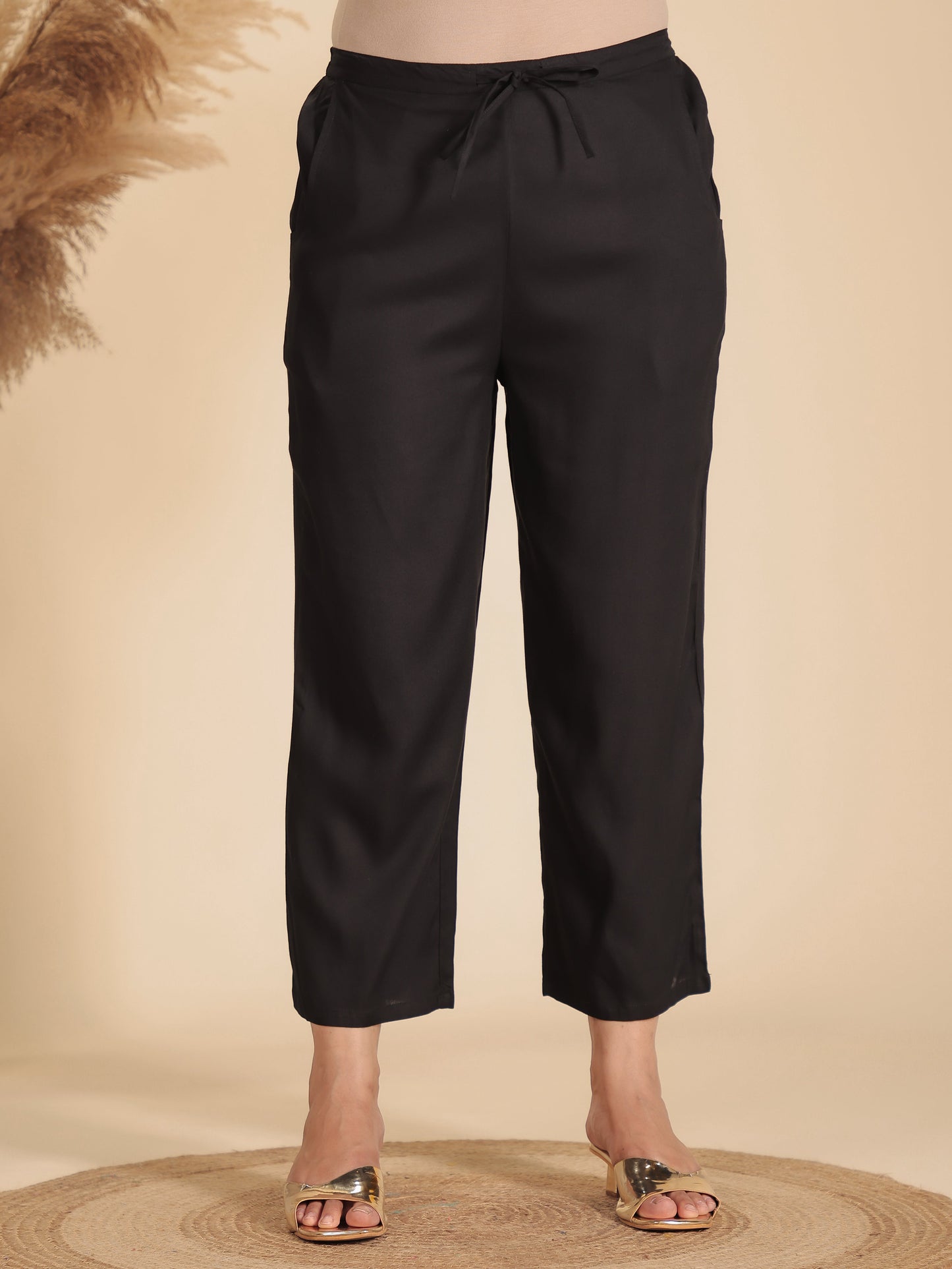 Viscose Solid Black Straight Trousers