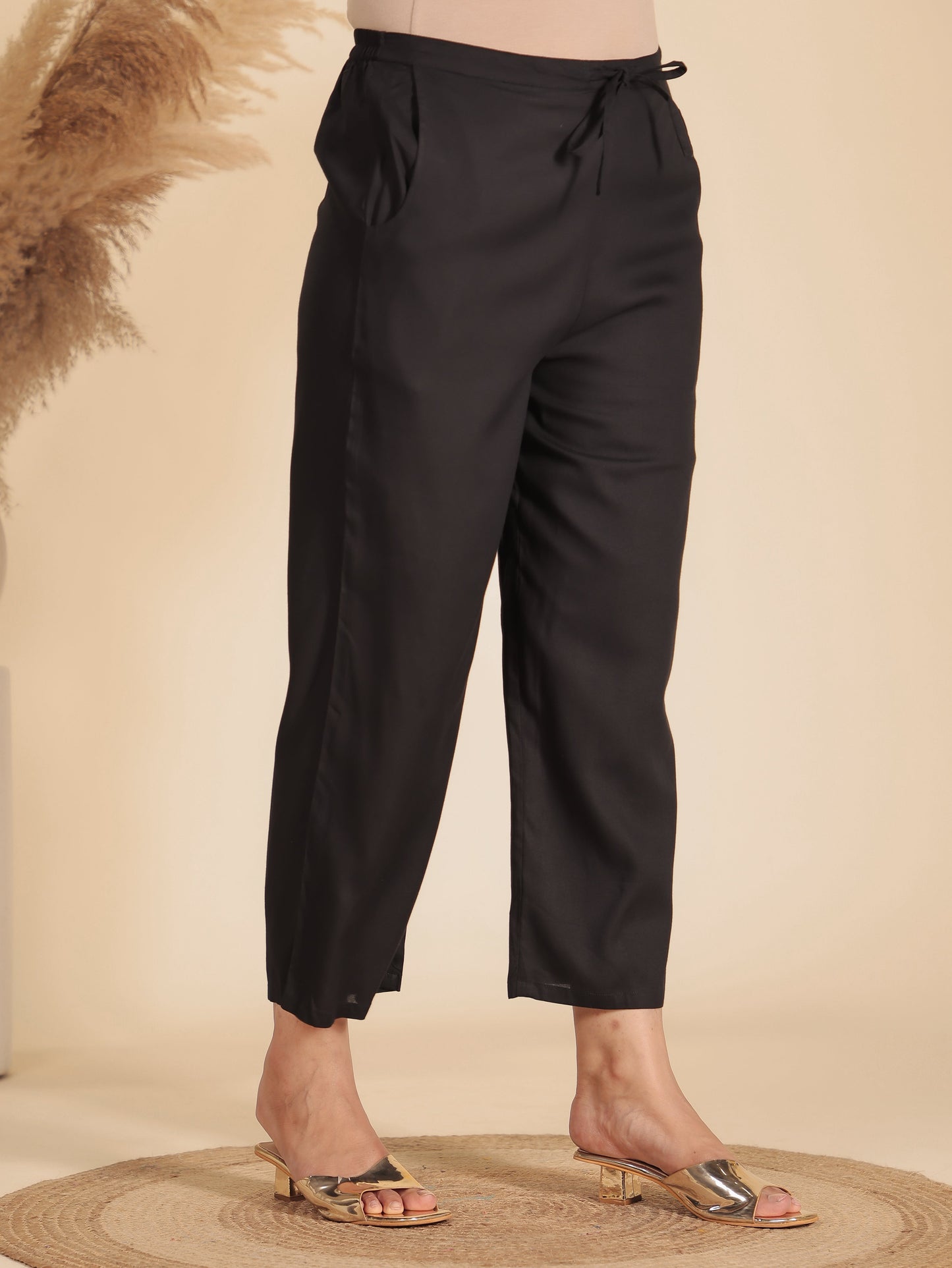 Viscose Solid Black Straight Trousers