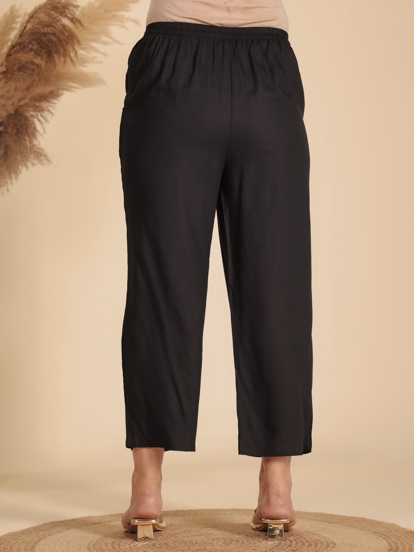 Viscose Solid Black Straight Trousers