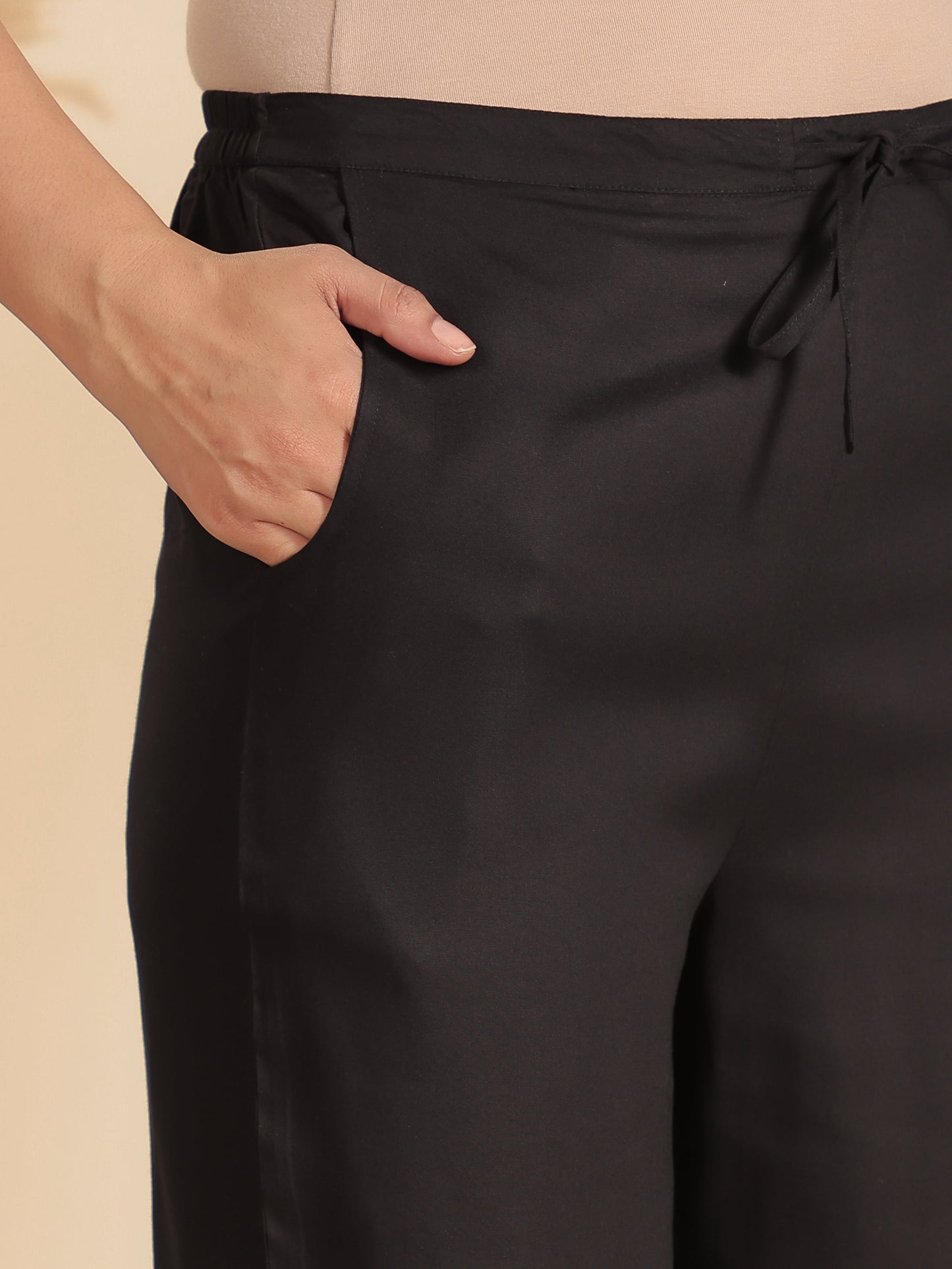 Viscose Solid Black Straight Trousers