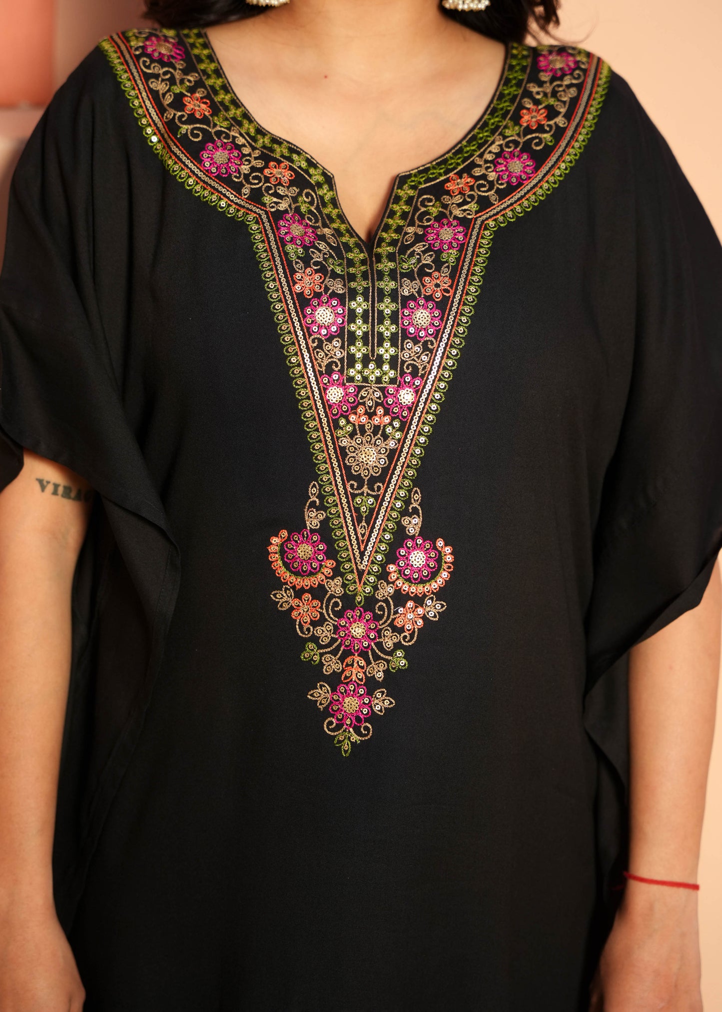 Embroidered Viscose Solid Kaftan Black Kurta