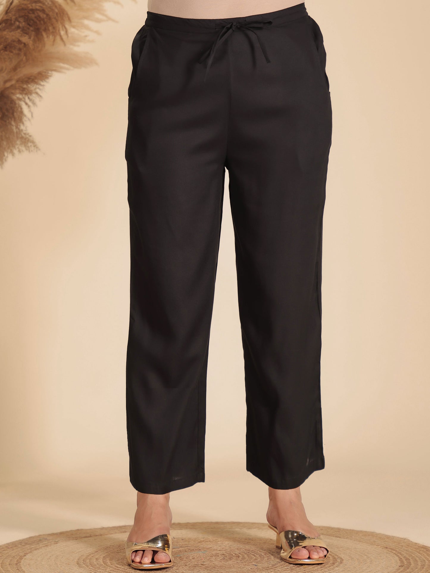 Viscose Solid Black Straight Trousers
