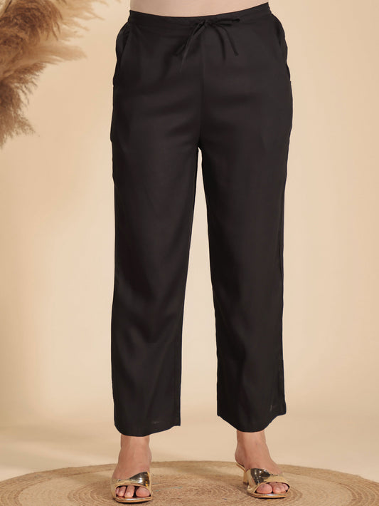 Viscose Solid Black Straight Trousers