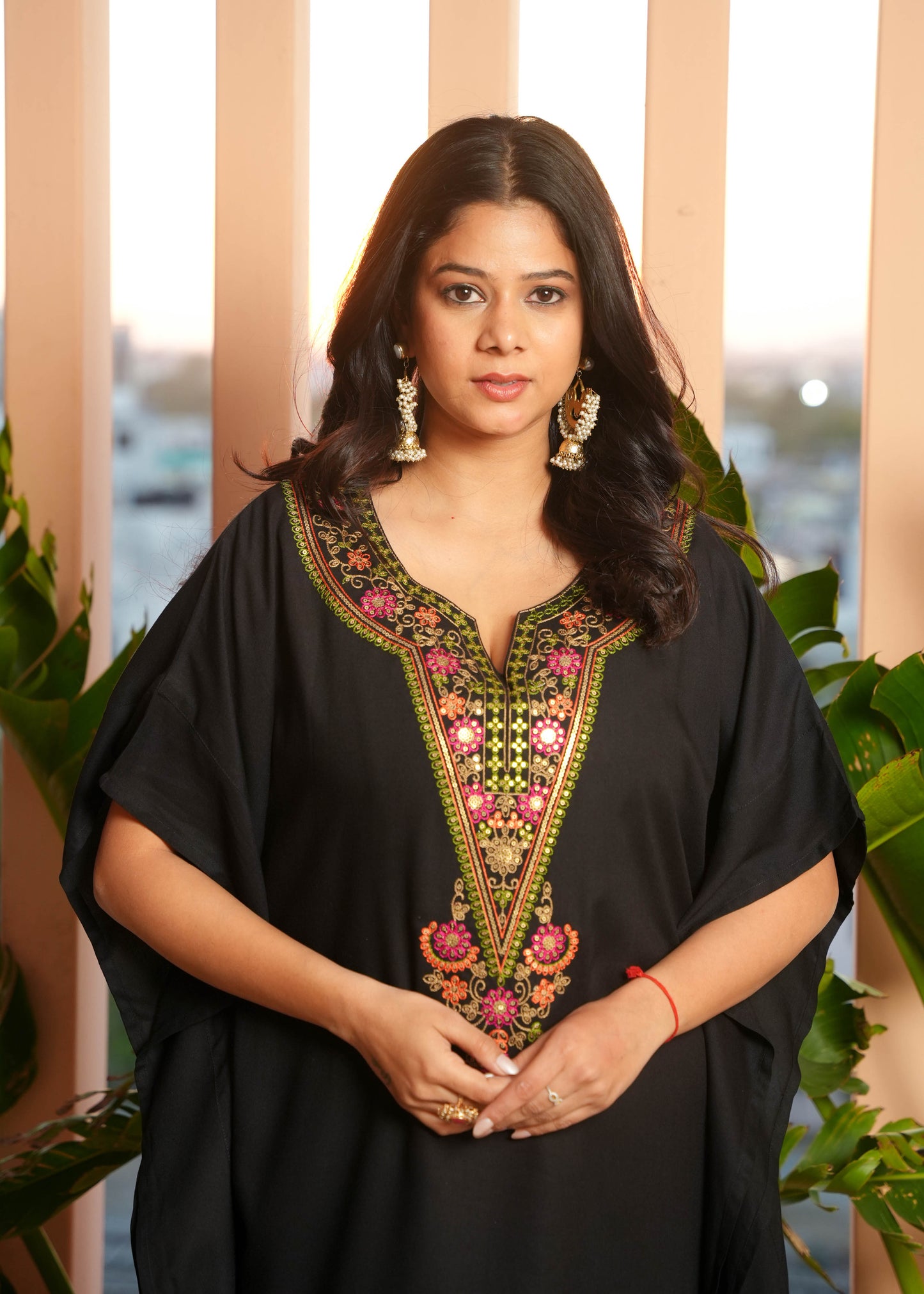 Embroidered Viscose Solid Kaftan Black Kurta