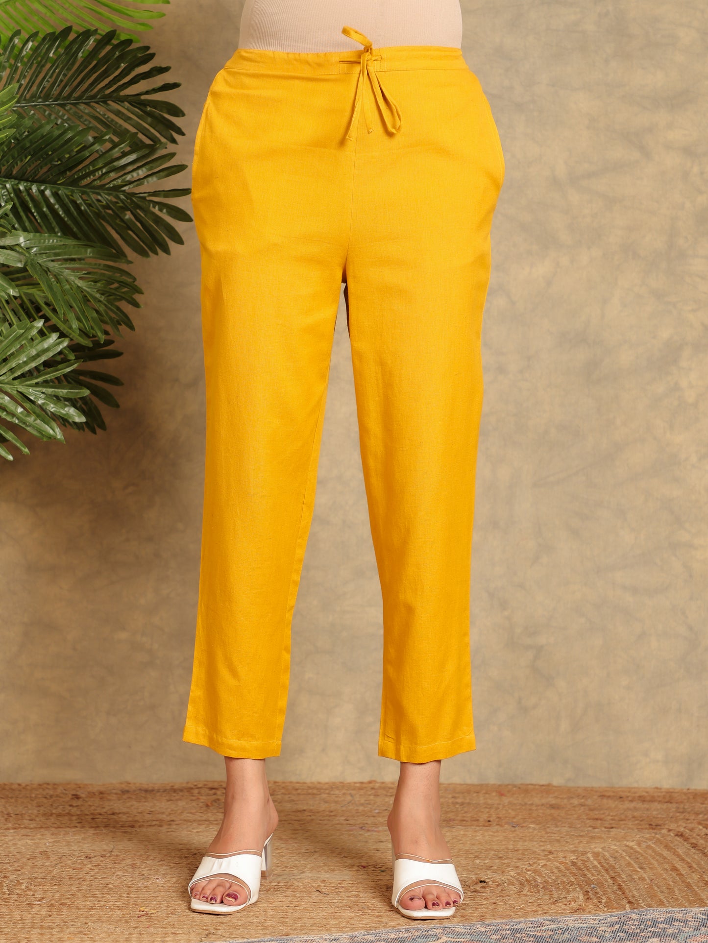 Linen Cotton Solid Mustard Tapered Trousers
