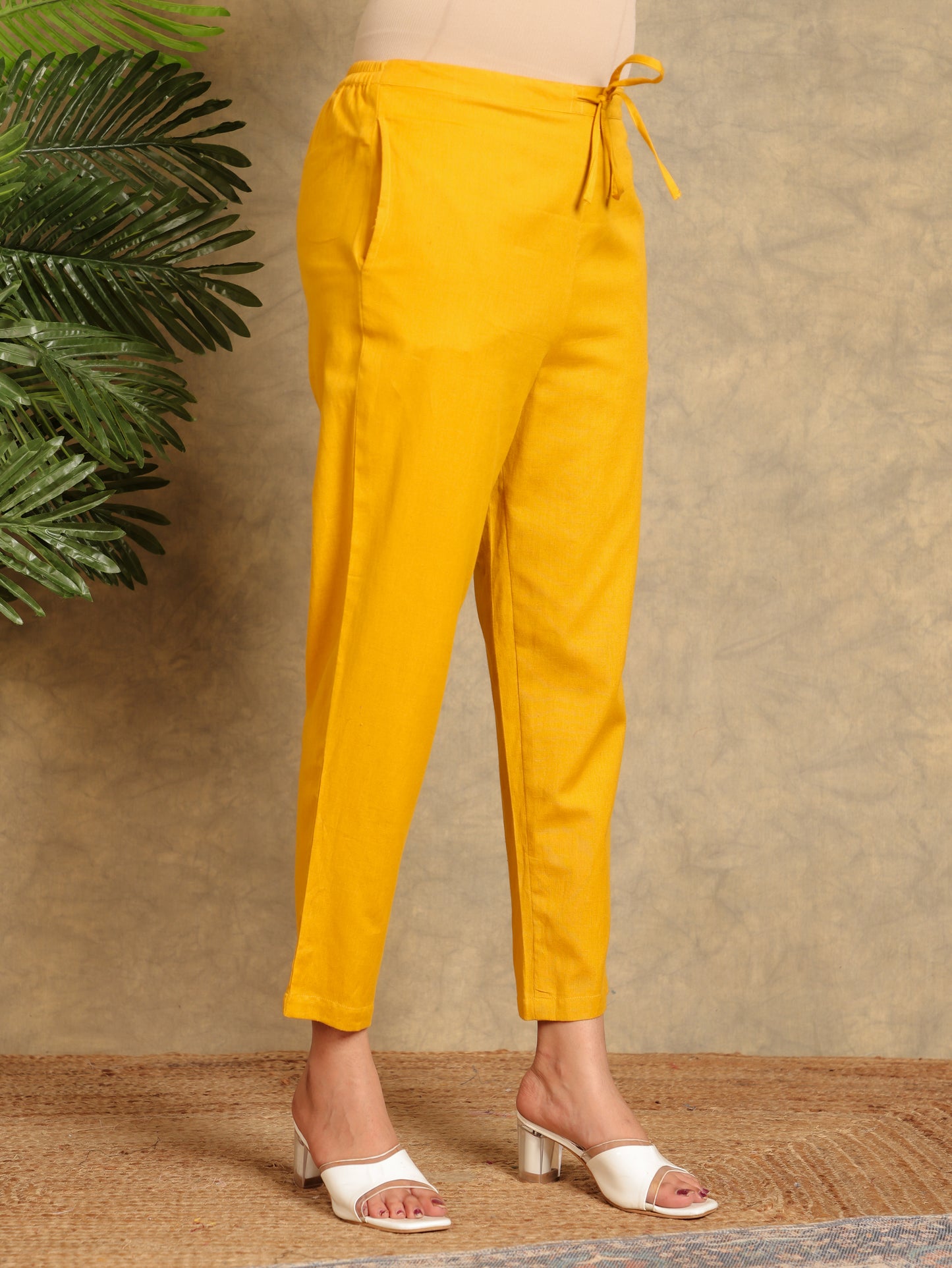 Linen Cotton Solid Mustard Tapered Trousers