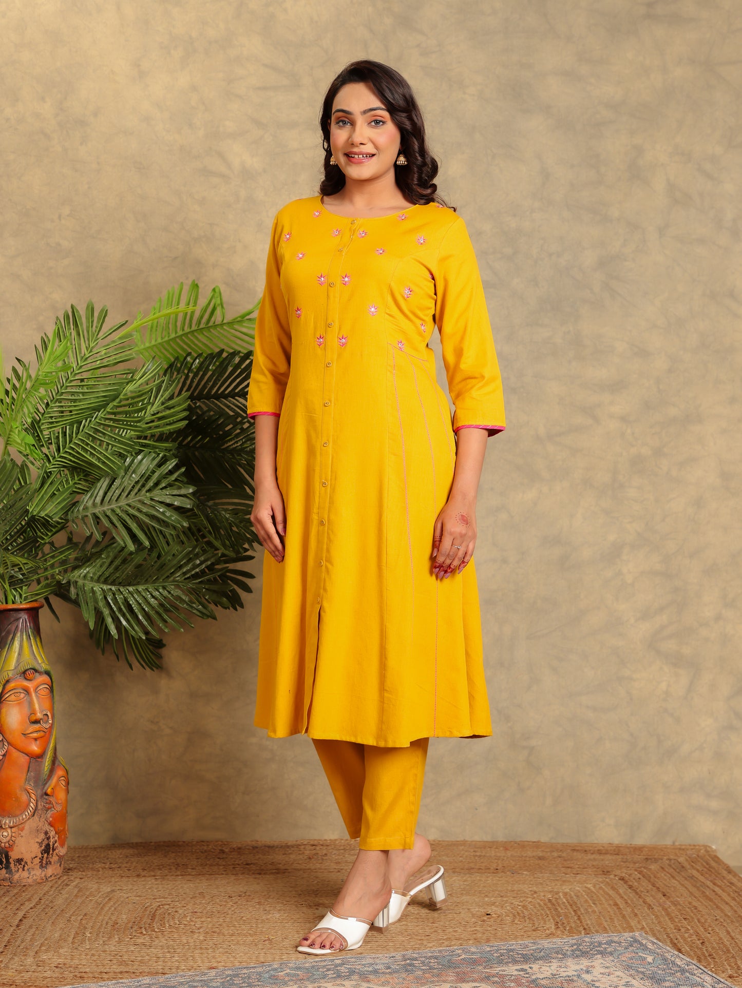 Embroidered Linen Cotton Solid A-line Mustard Kurta