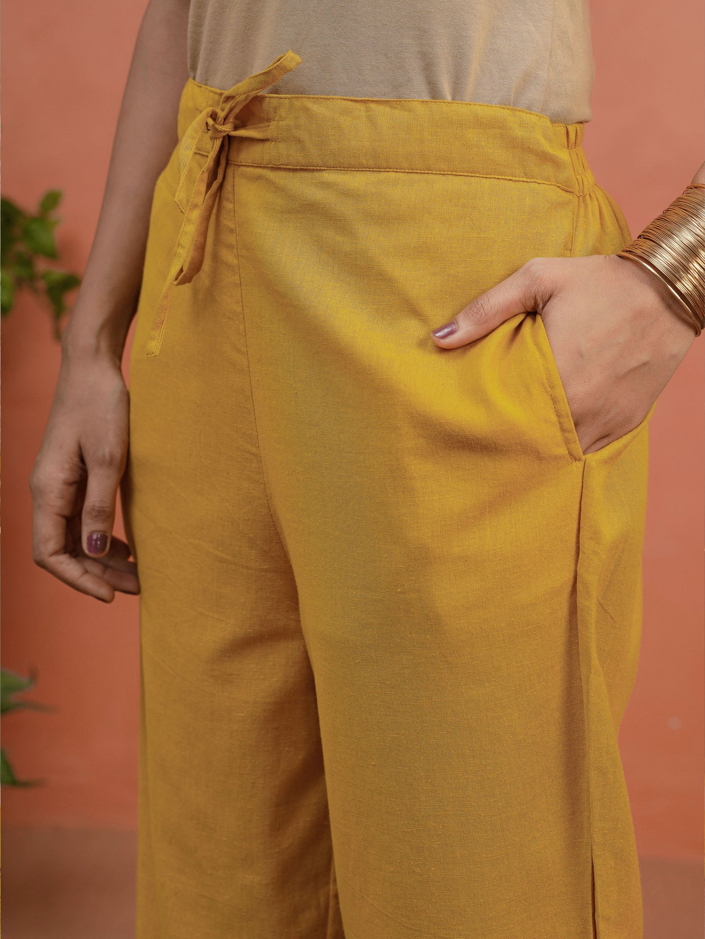 Embroidered Linen Cotton Solid A-line Mustard Kurta