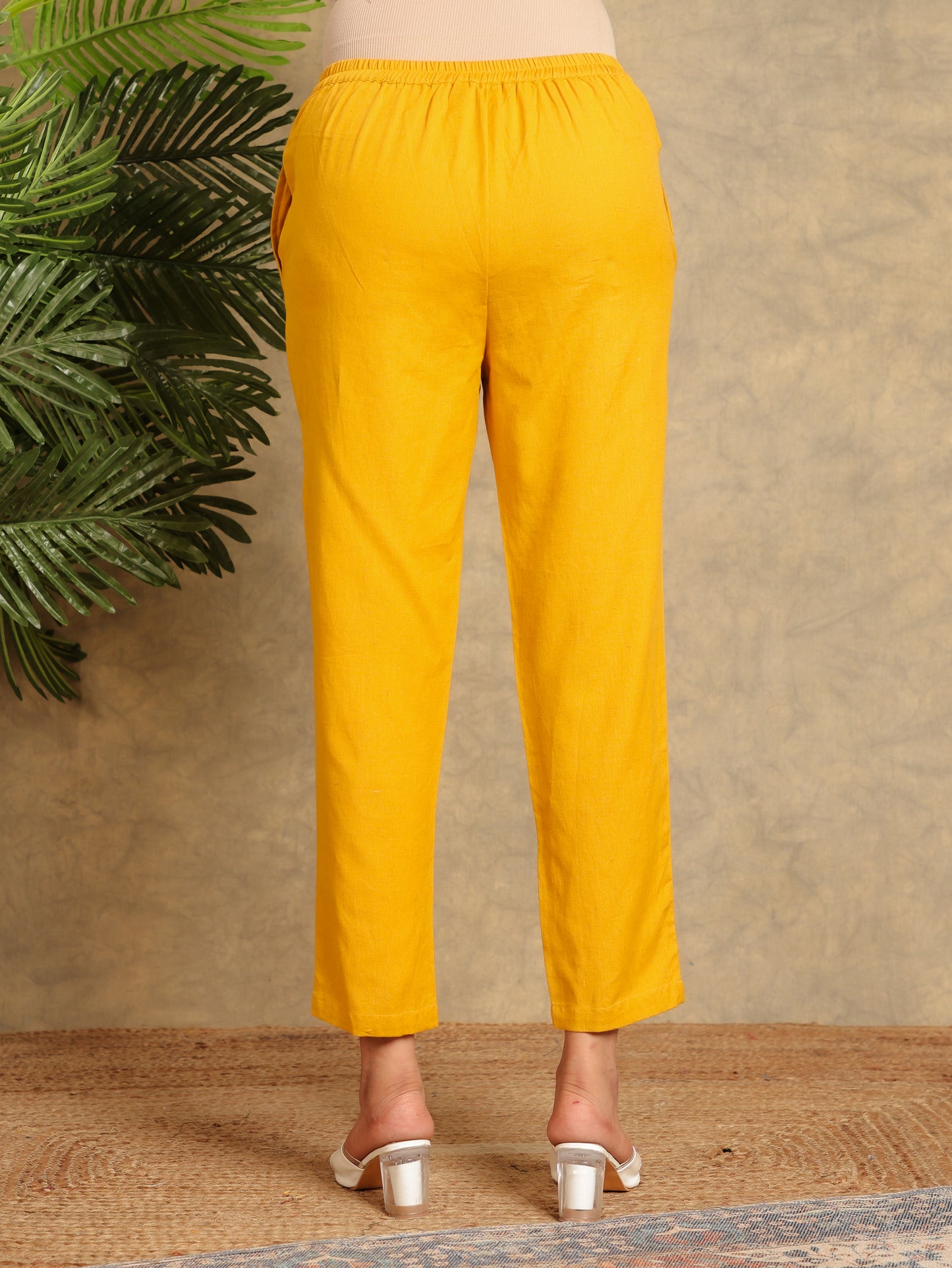 Embroidered Linen Cotton Solid A-line Mustard Kurta