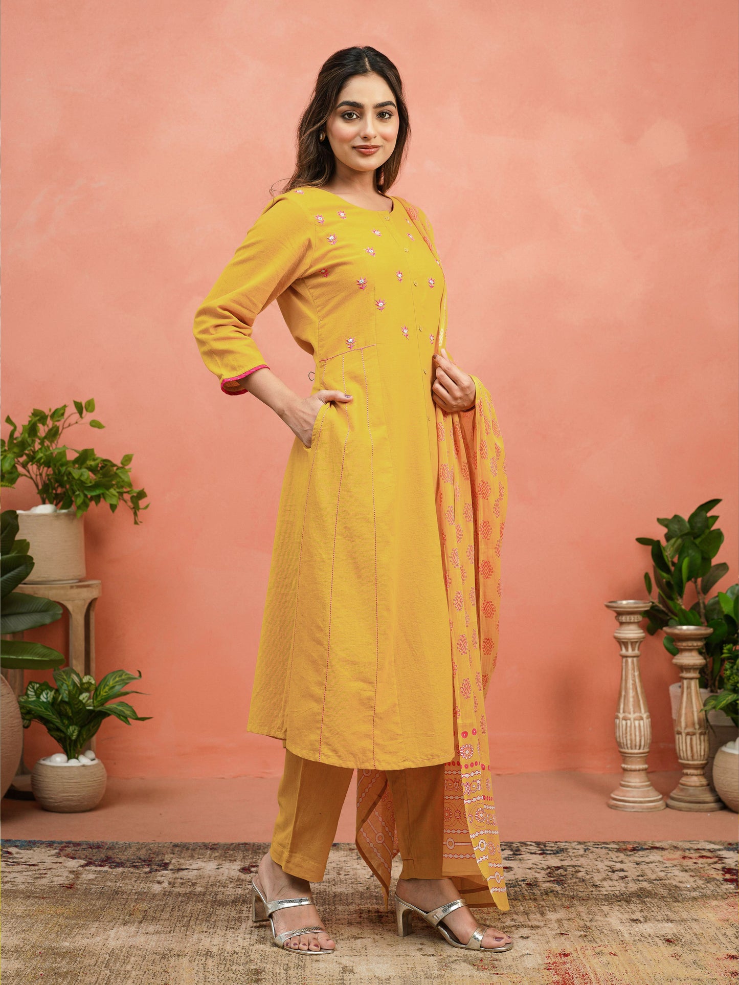Embroidered Linen Cotton Solid A-line Mustard Kurta