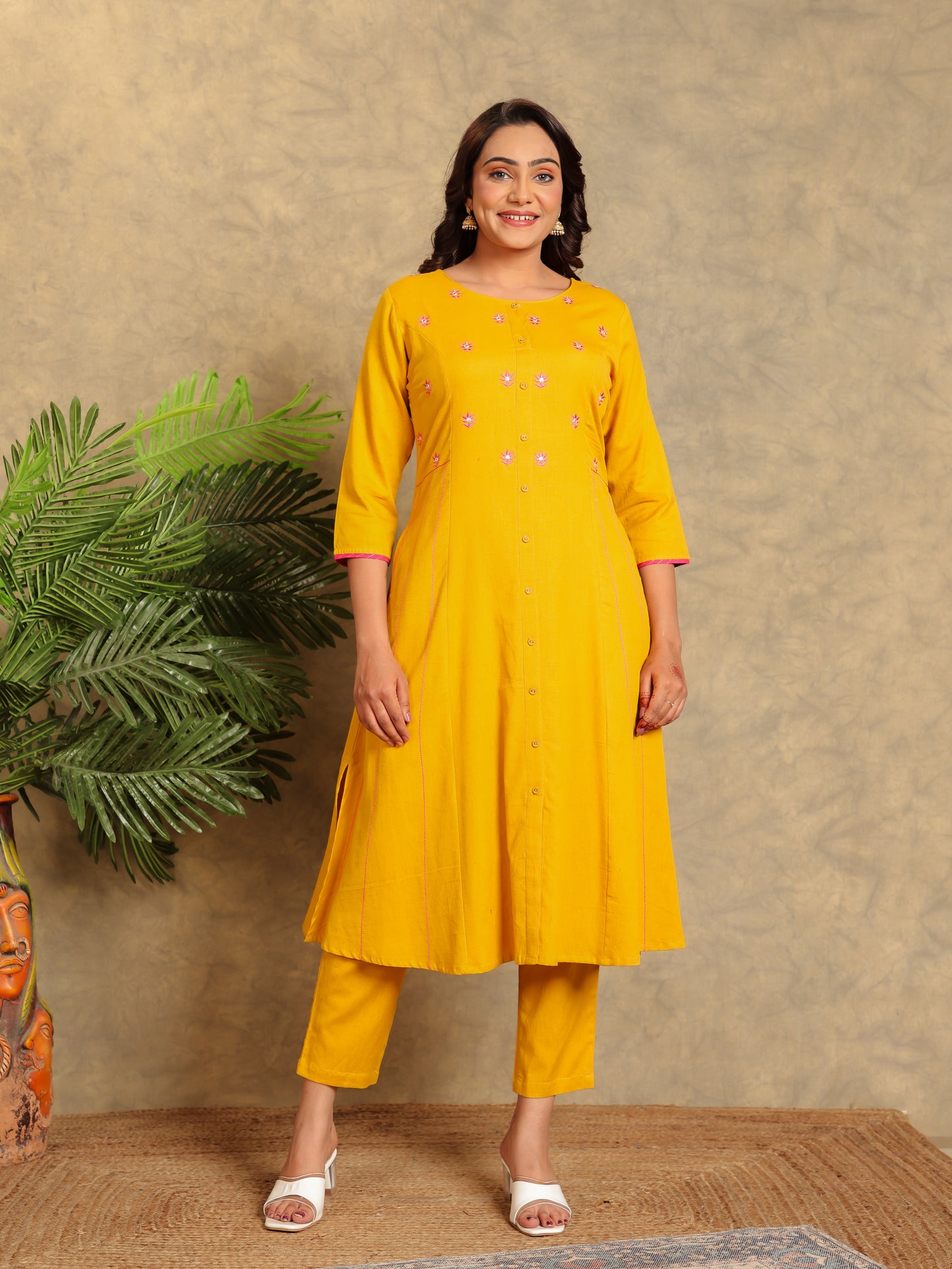Embroidered Linen Cotton Solid A-line Mustard Kurta