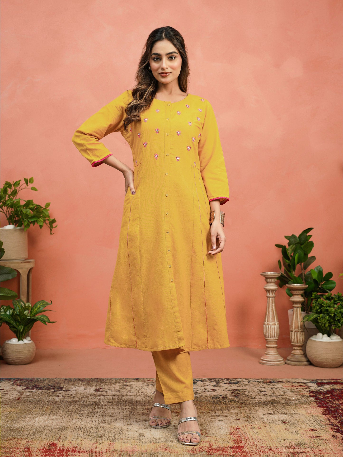 Embroidered Linen Cotton Solid A-line Mustard Kurta