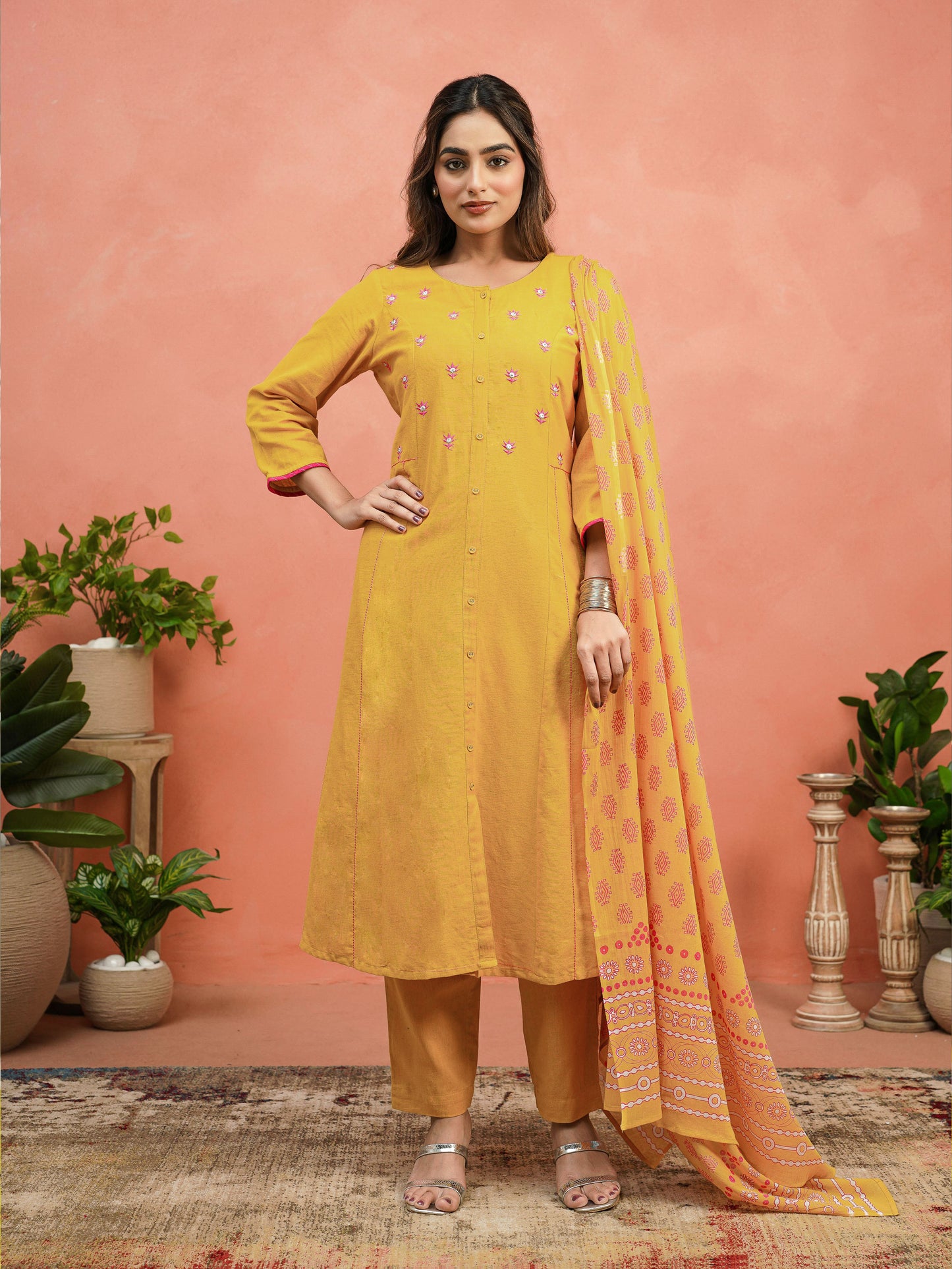 Embroidered Linen Cotton Solid A-line Mustard Kurta