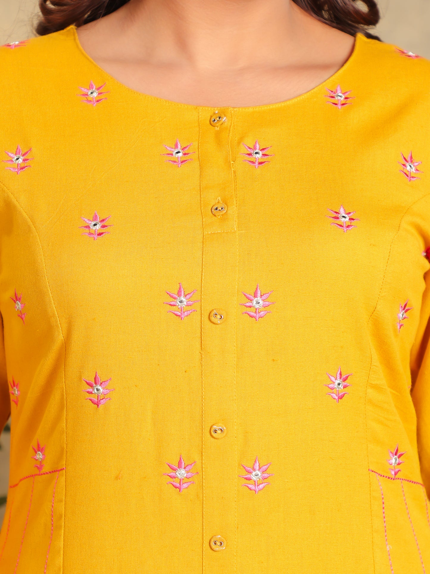 Embroidered Linen Cotton Solid A-line Mustard Kurta