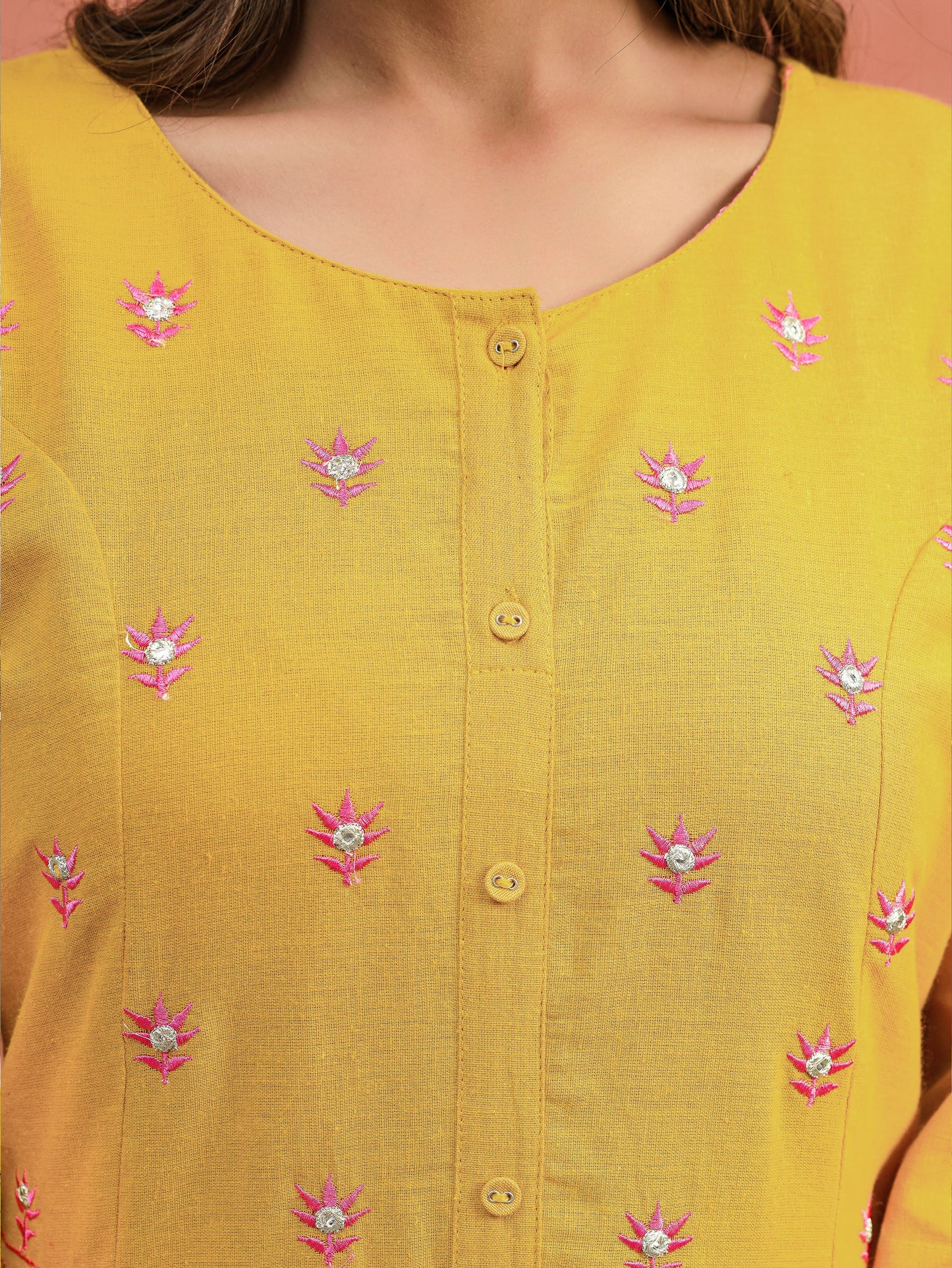 Embroidered Linen Cotton Solid A-line Mustard Kurta