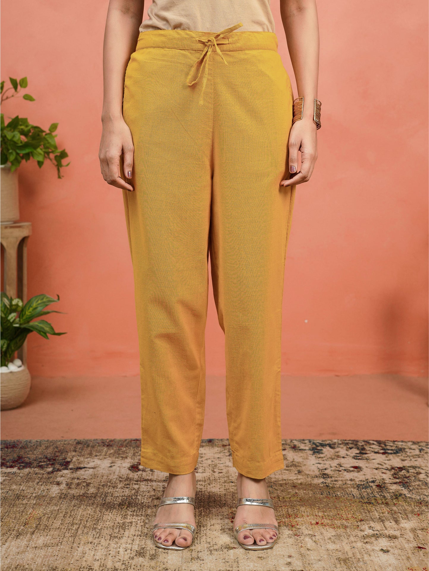Embroidered Linen Cotton Solid A-line Mustard Kurta