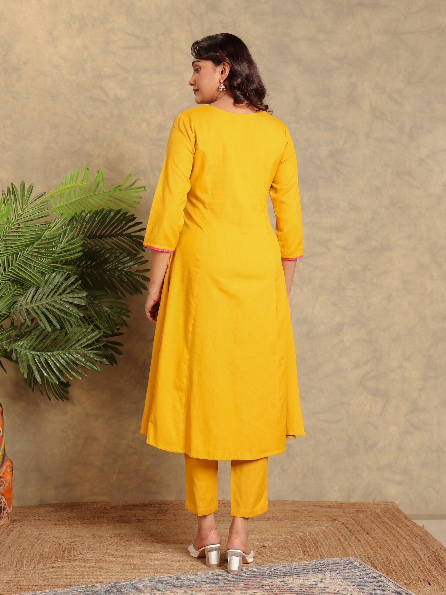 Embroidered Linen Cotton Solid A-line Mustard Kurta