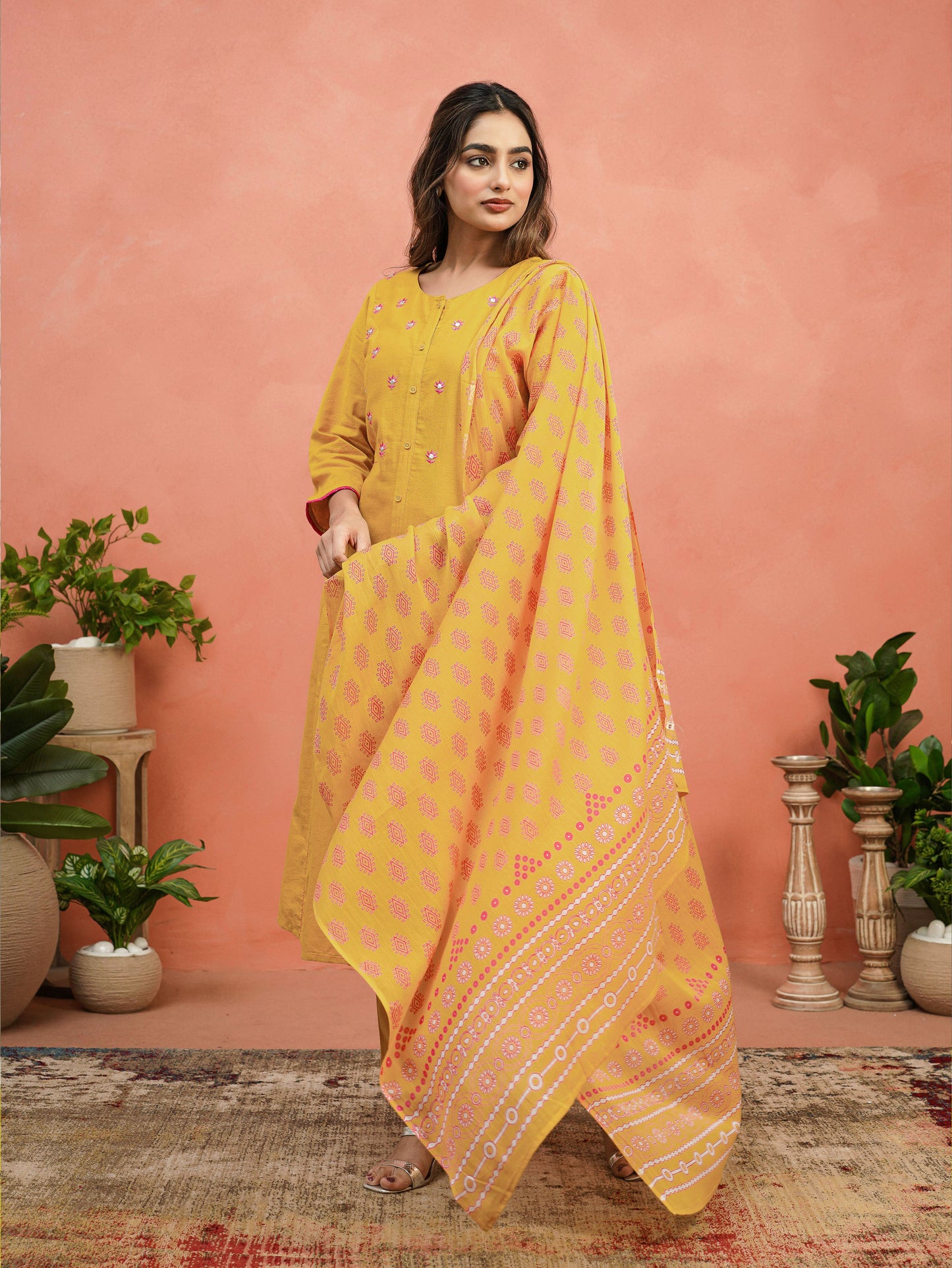Embroidered Linen Cotton Solid A-line Mustard Kurta