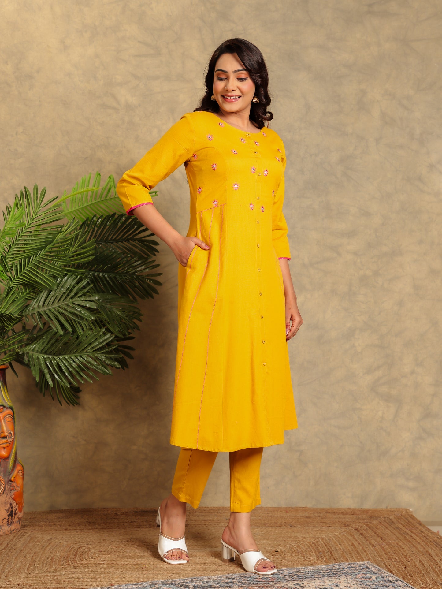 Embroidered Linen Cotton Solid A-line Mustard Kurta
