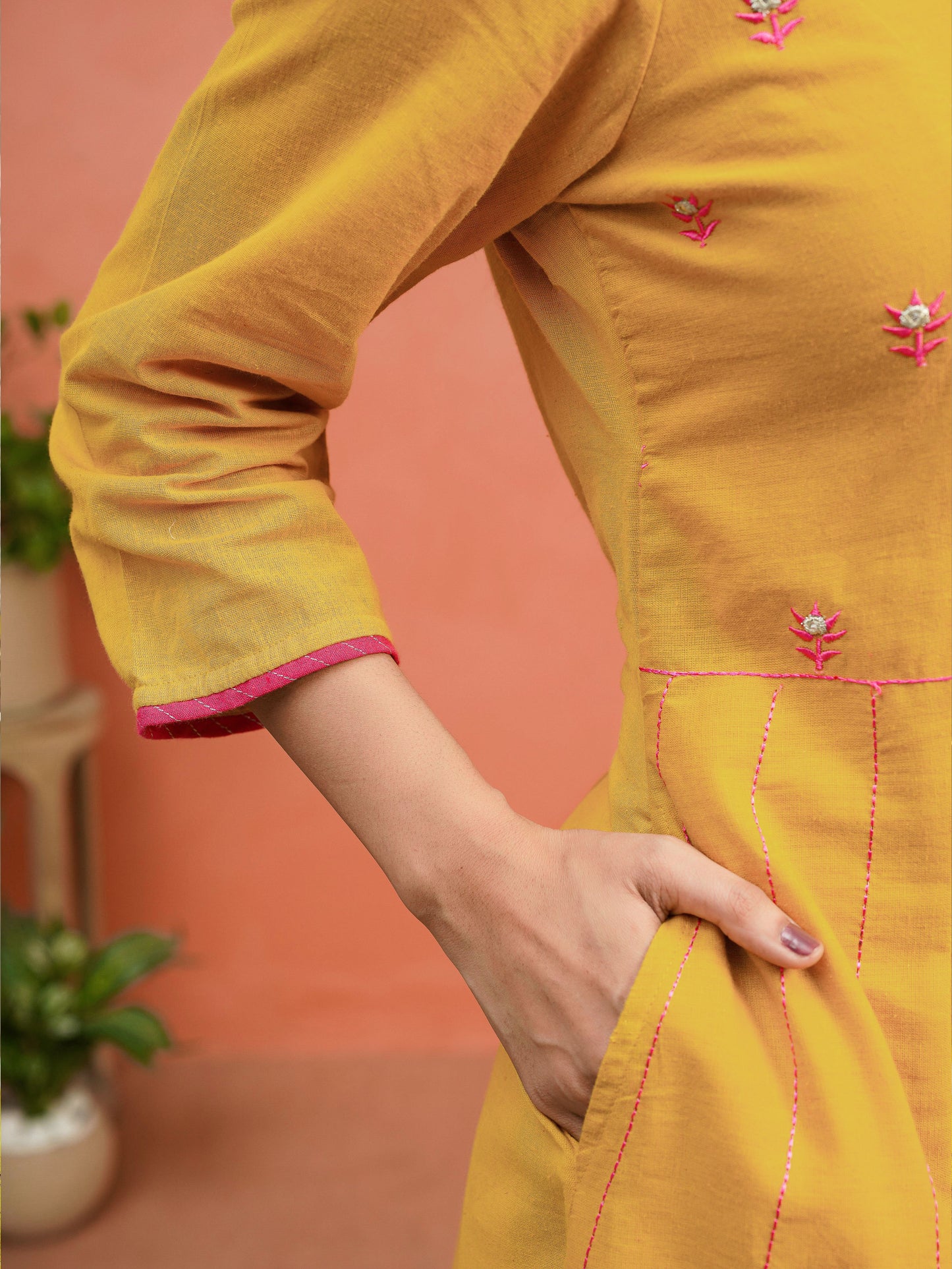 Embroidered Linen Cotton Solid A-line Mustard Kurta