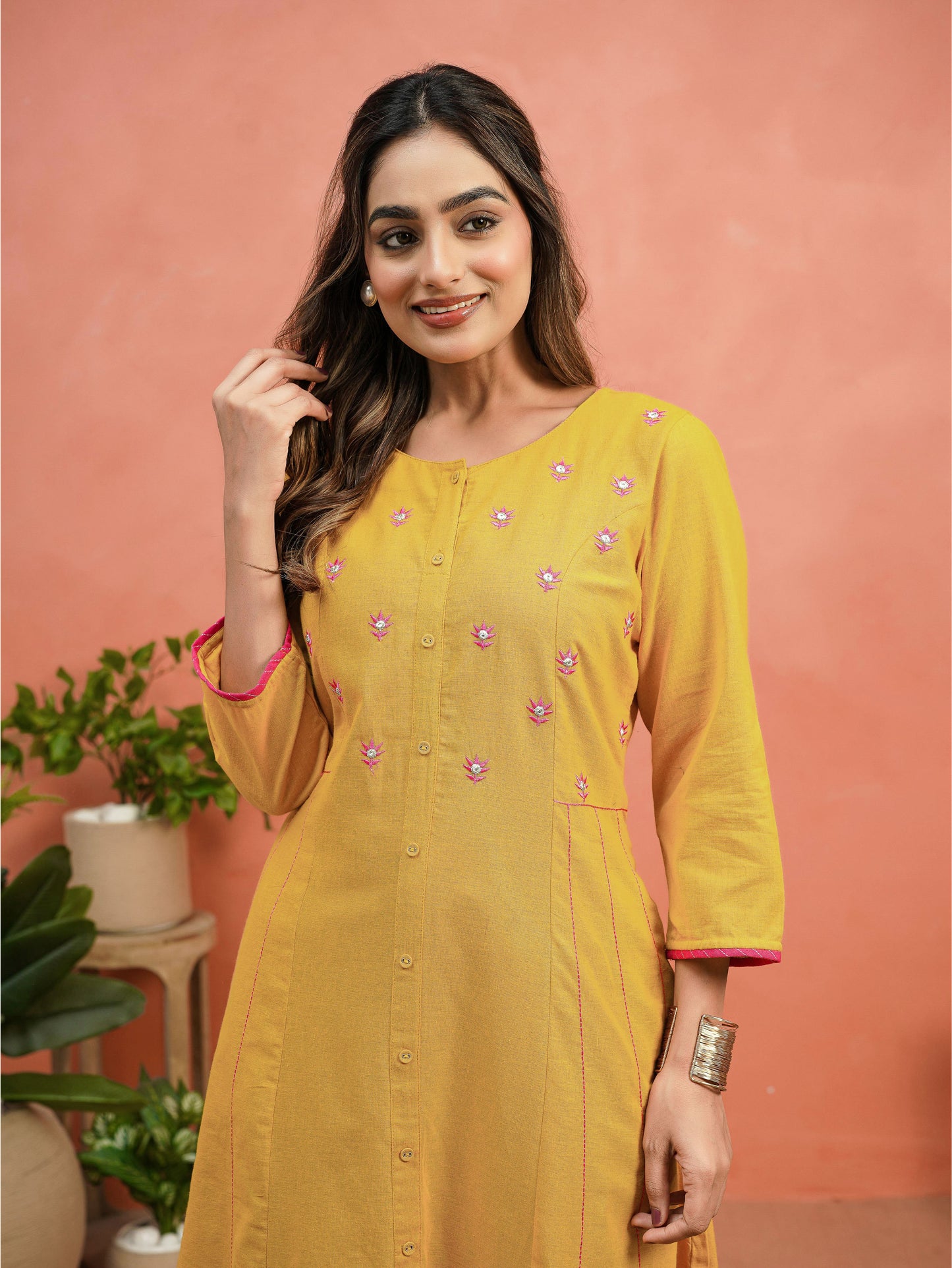 Embroidered Linen Cotton Solid A-line Mustard Kurta
