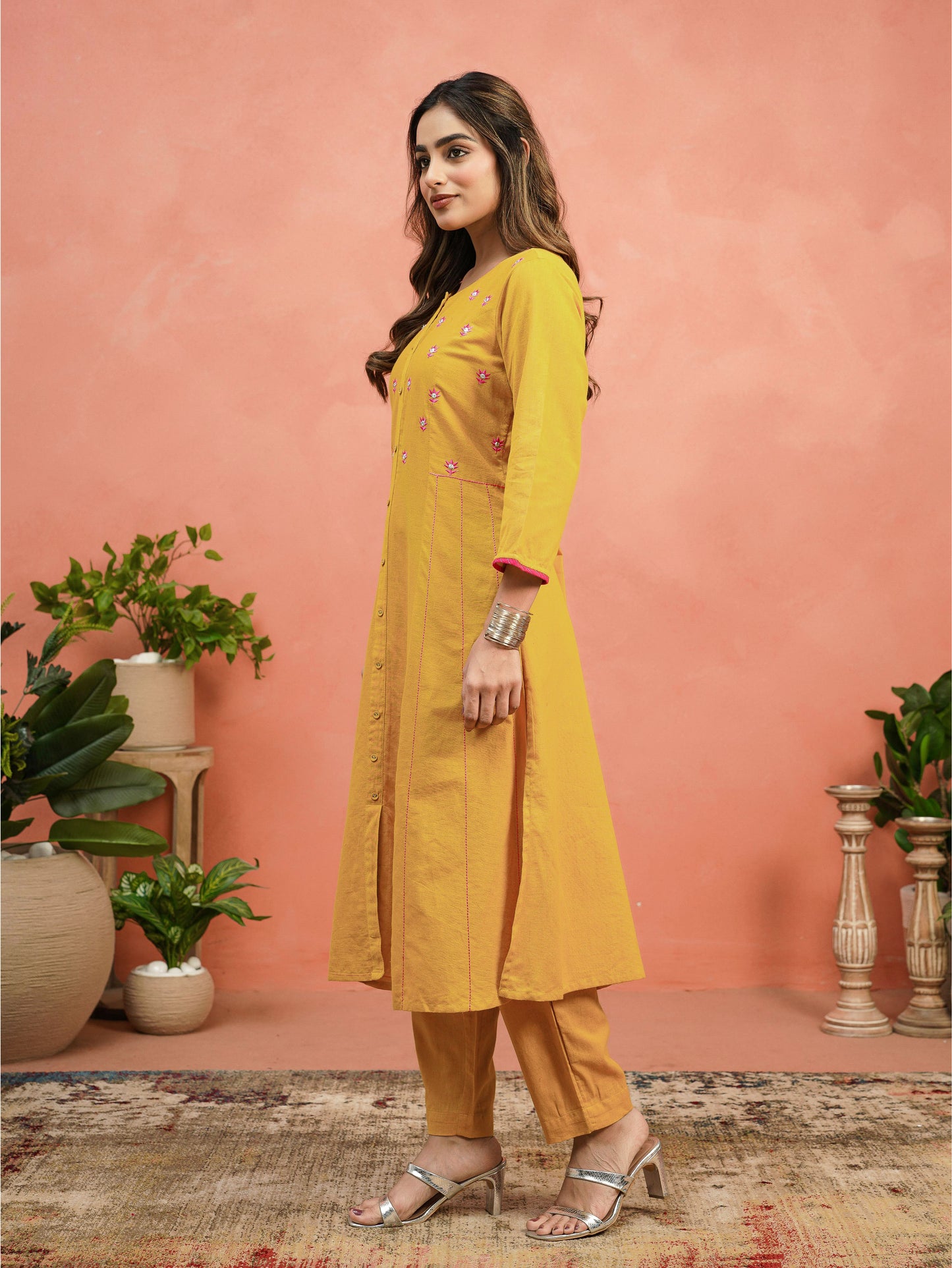 Embroidered Linen Cotton Solid A-line Mustard Kurta