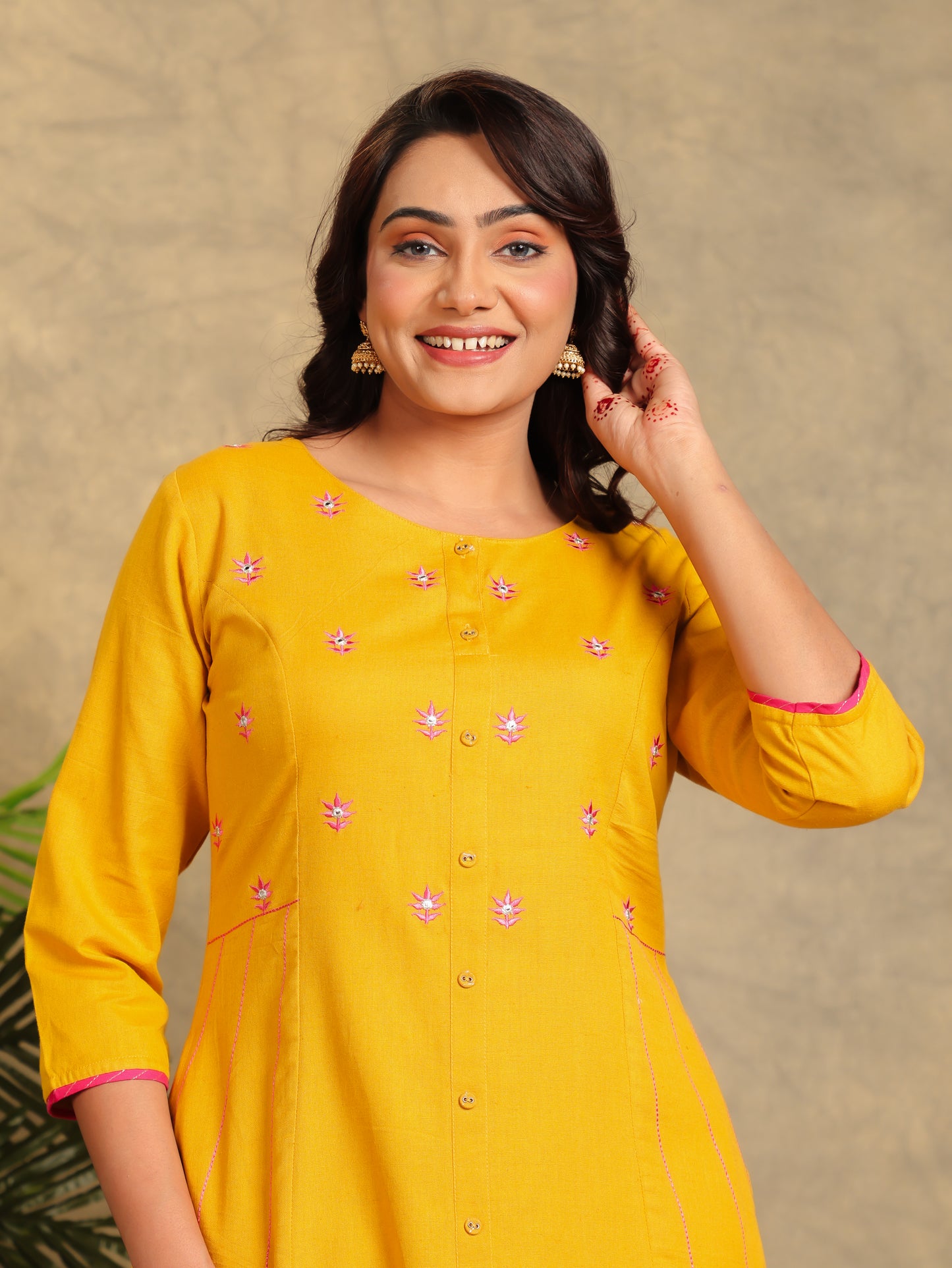 Embroidered Linen Cotton Solid A-line Mustard Kurta