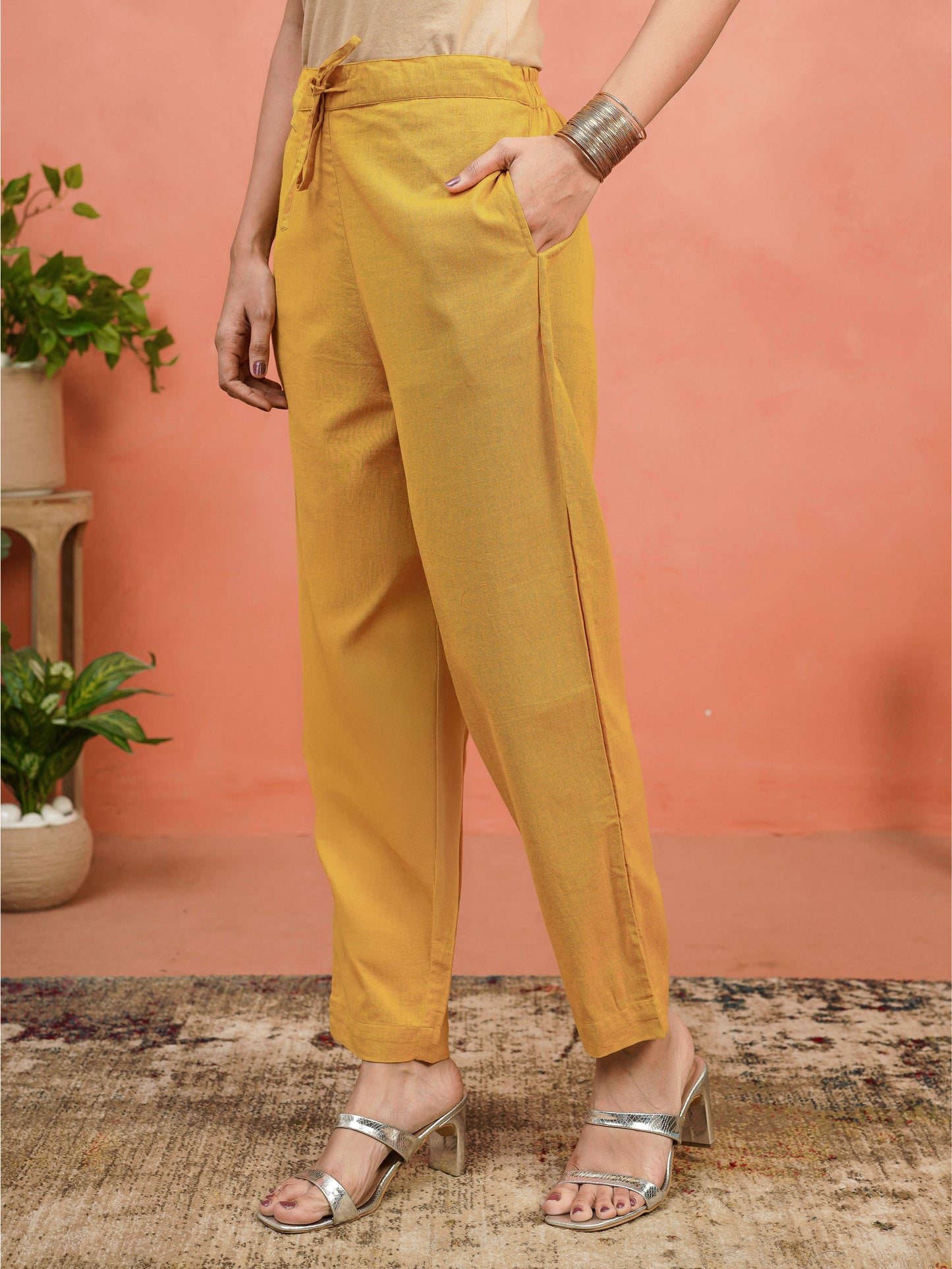 Embroidered Linen Cotton Solid A-line Mustard Kurta